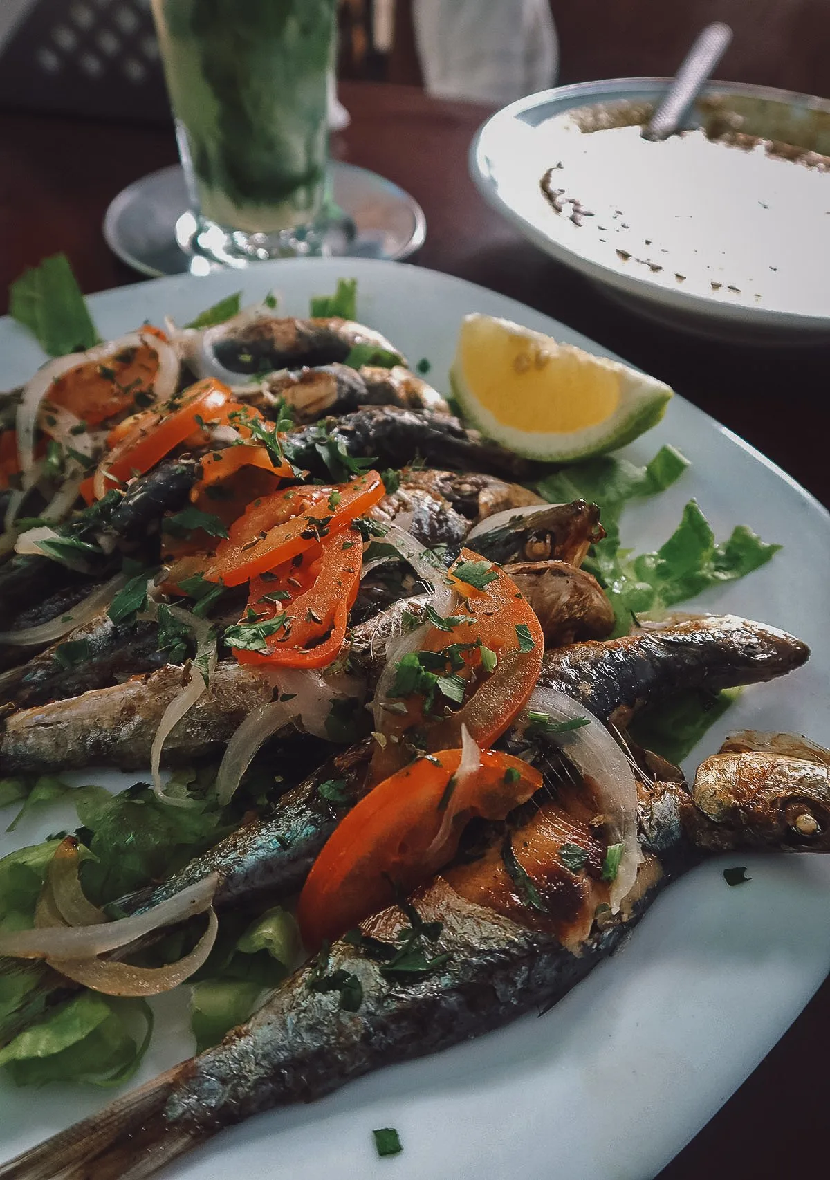 Grilled sardines at a restaurant in Tangier