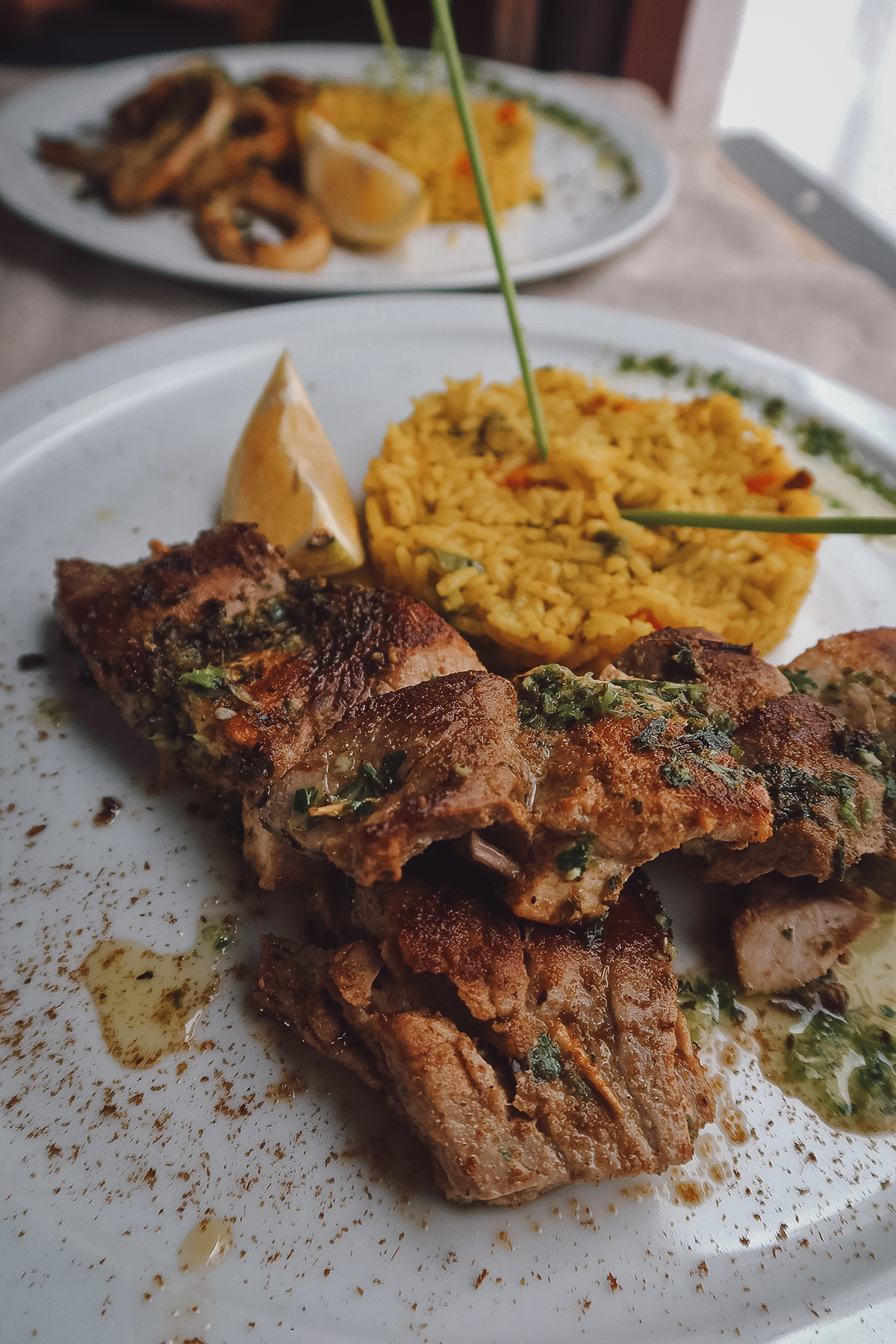 Grilled swordfish at a restaurant in Tangier