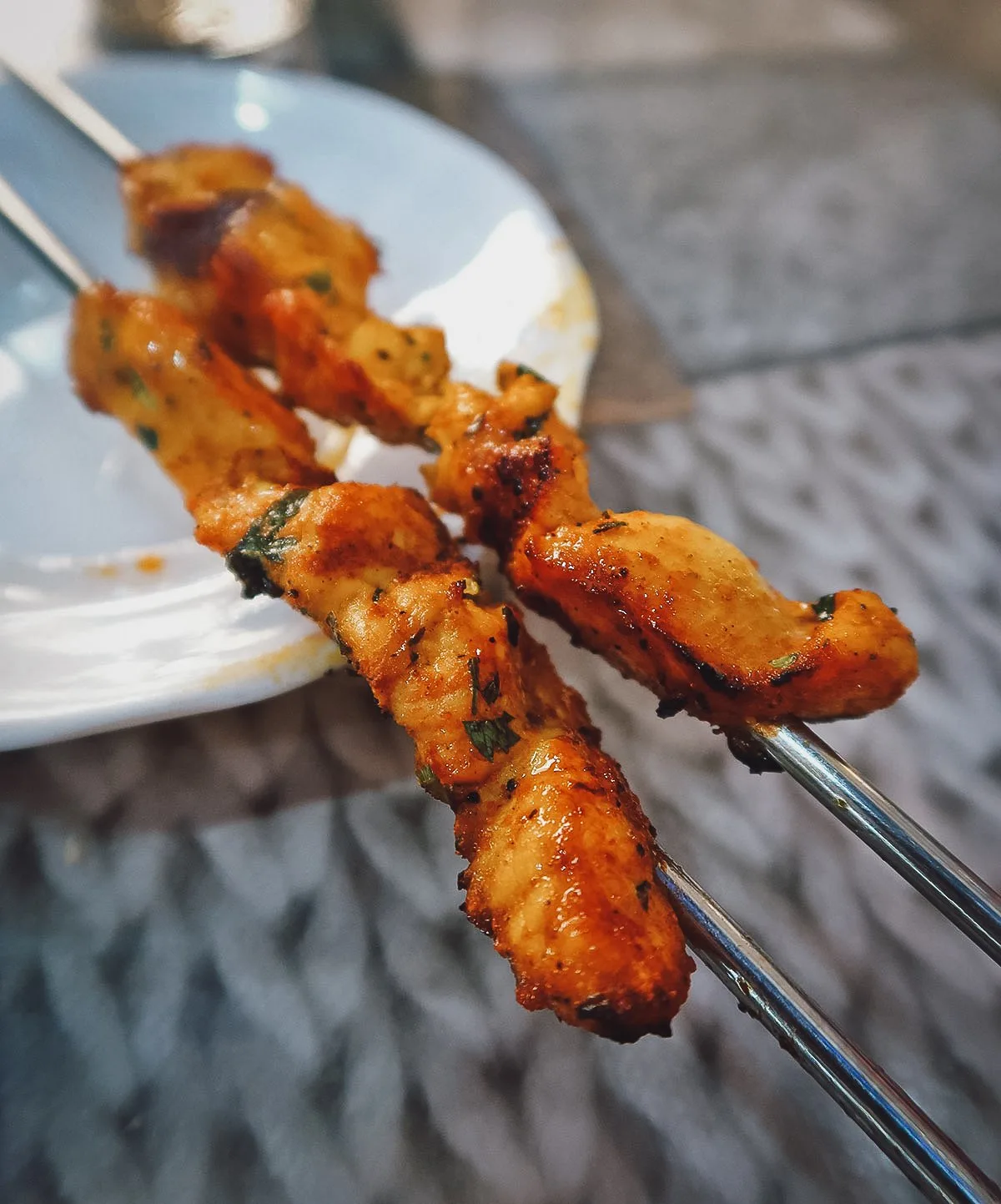 Chicken skewers at a restaurant in Tangier