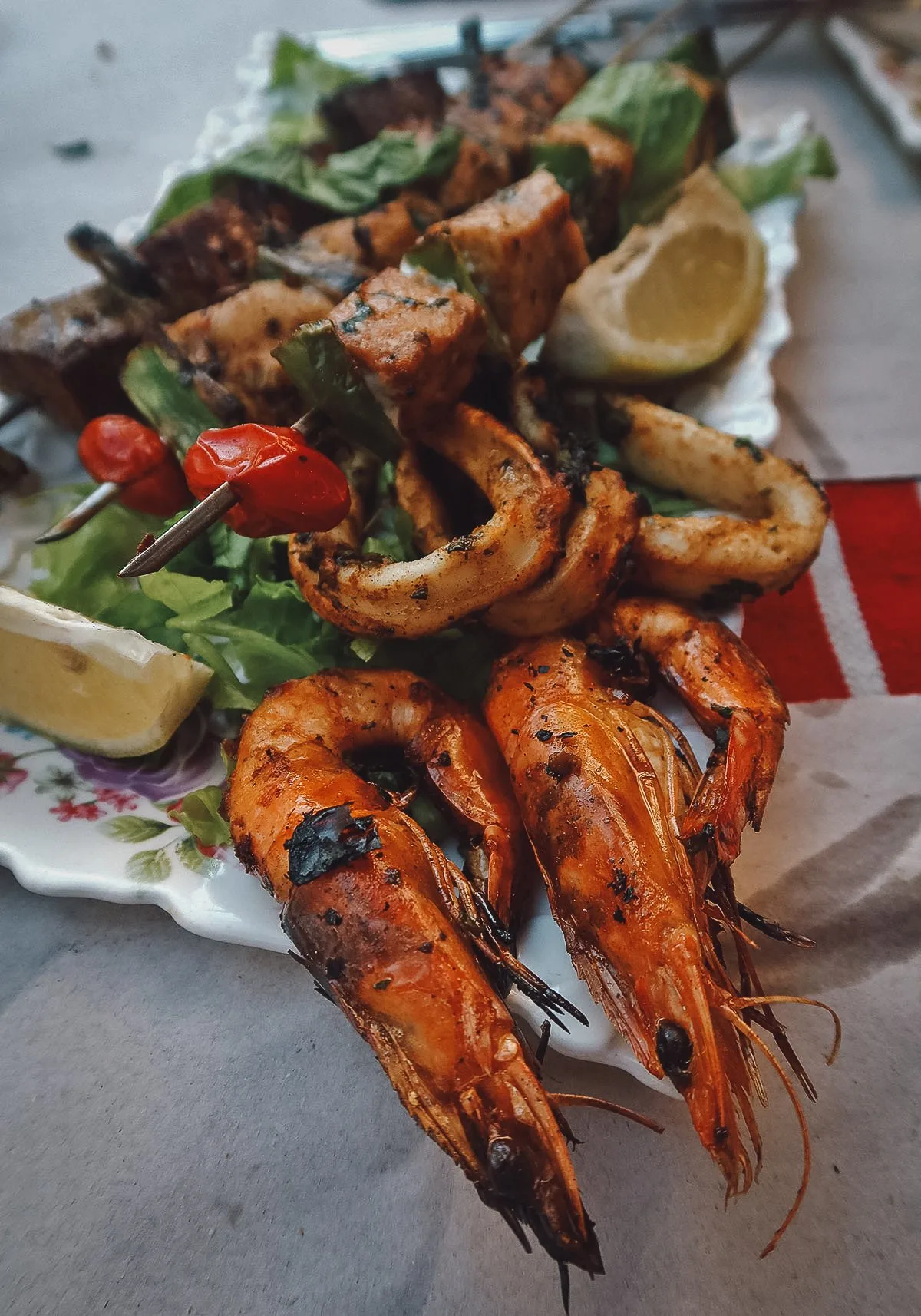 Grilled seafood platter at a restaurant in Tangier