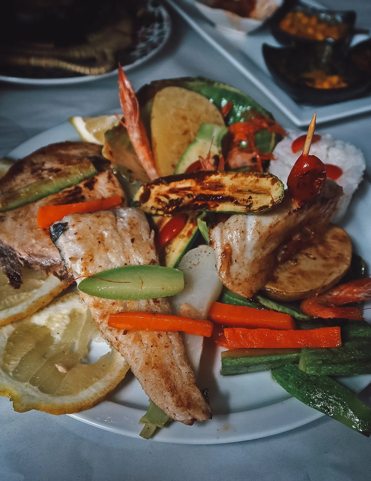 Grilled seafood platter at a restaurant in Tangier