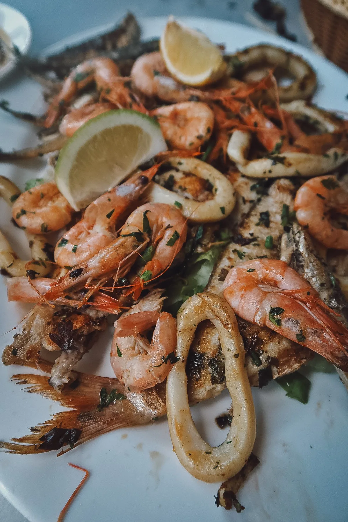 Grilled seafood at a restaurant in Tangier