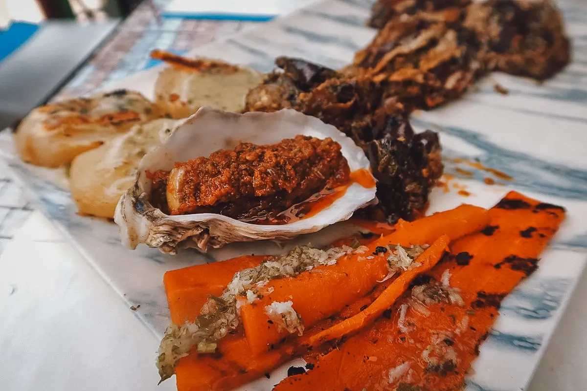 Grilled vegetables and dipping sauce at a restaurant in Casablanca