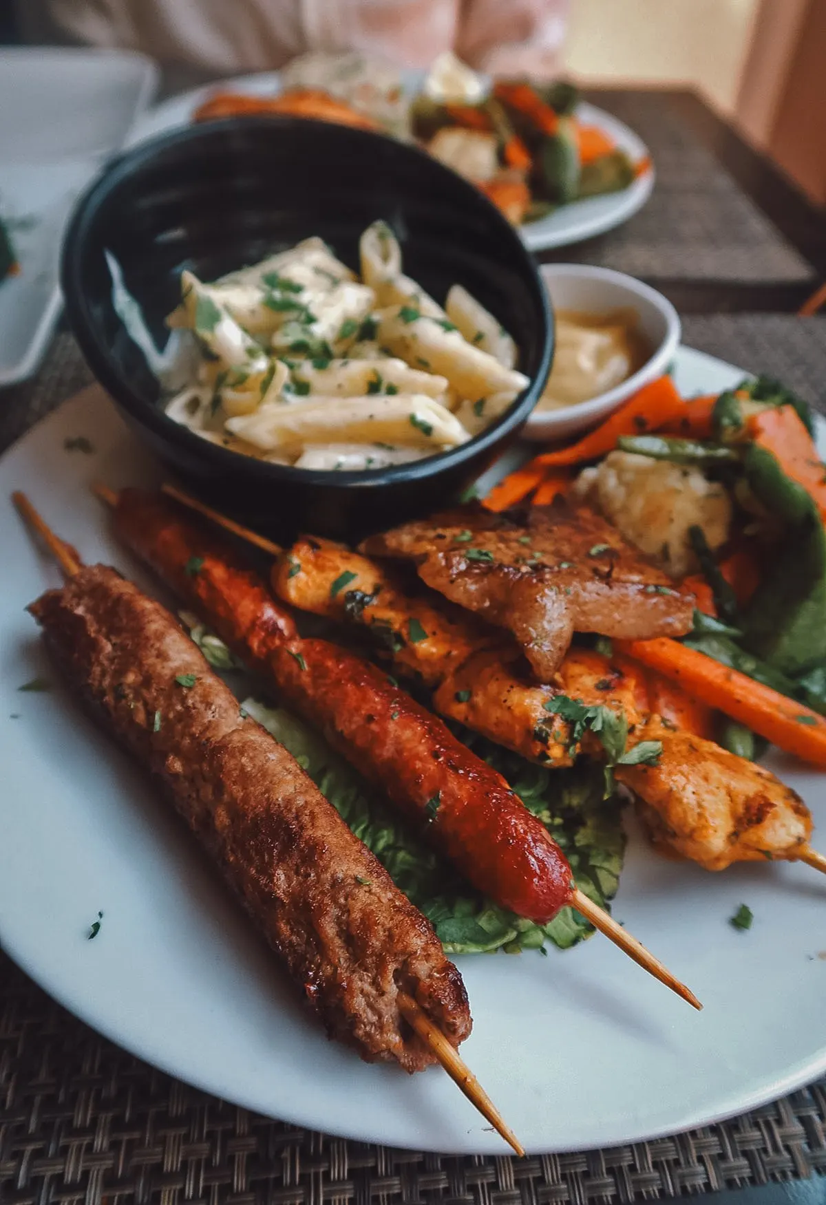 Moroccan brochette platter at a restaurant in Casablanca