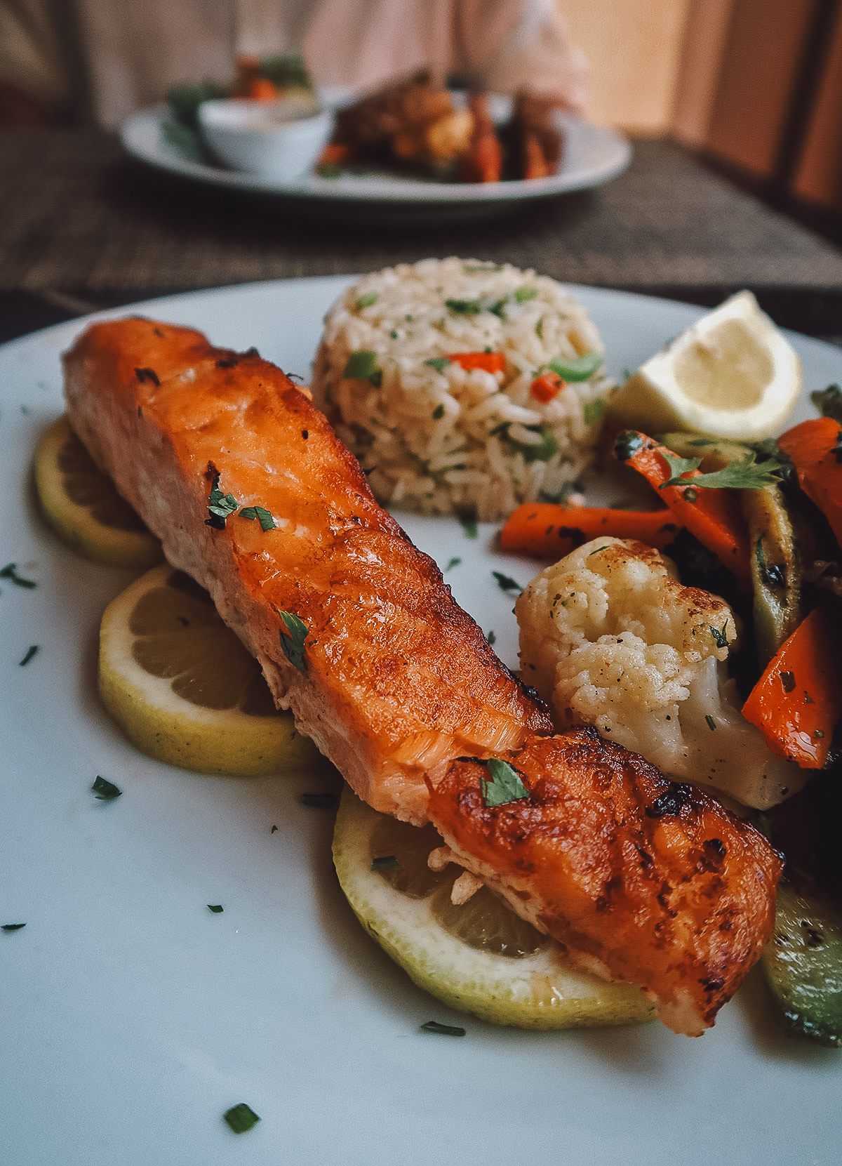 Grilled salmon at a restaurant in Casablanca