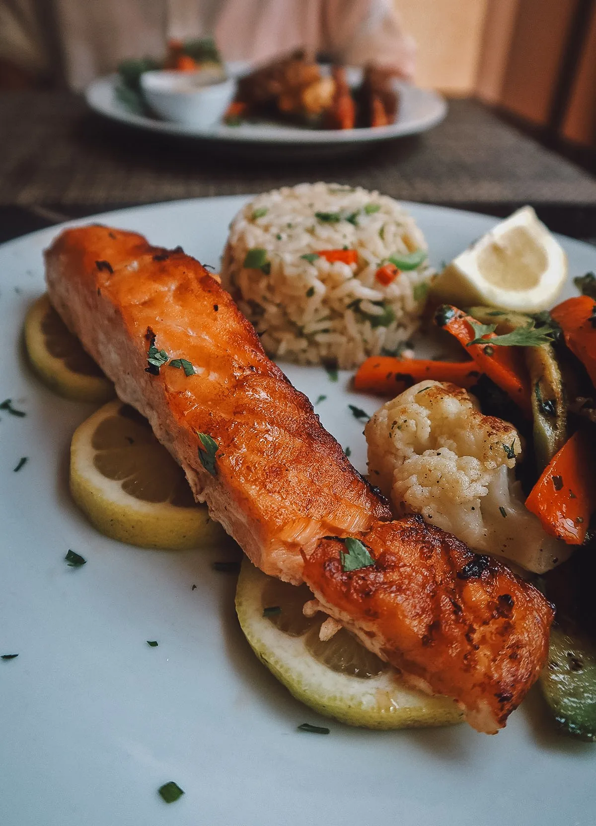 Grilled salmon at a restaurant in Casablanca