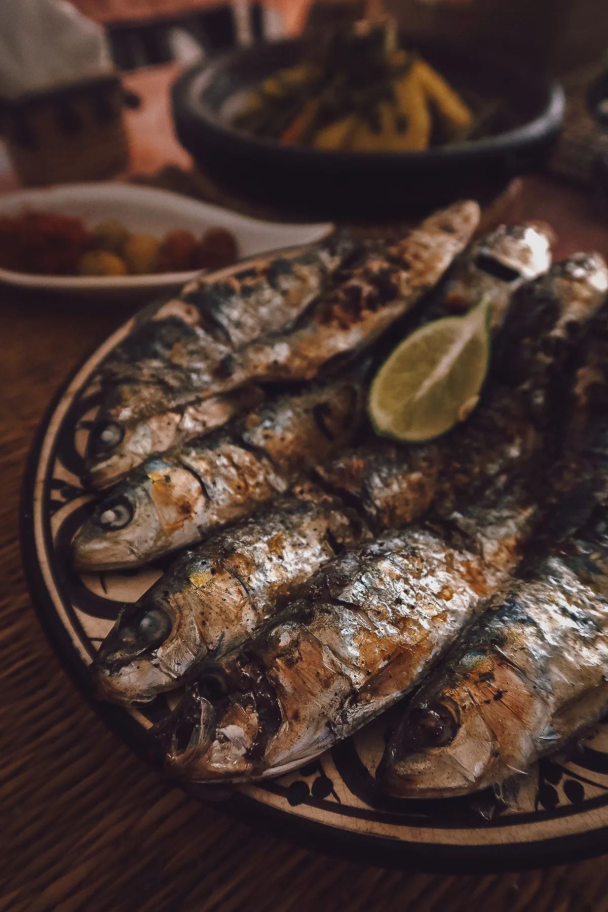 Grilled sardines at a restaurant in Essaouira
