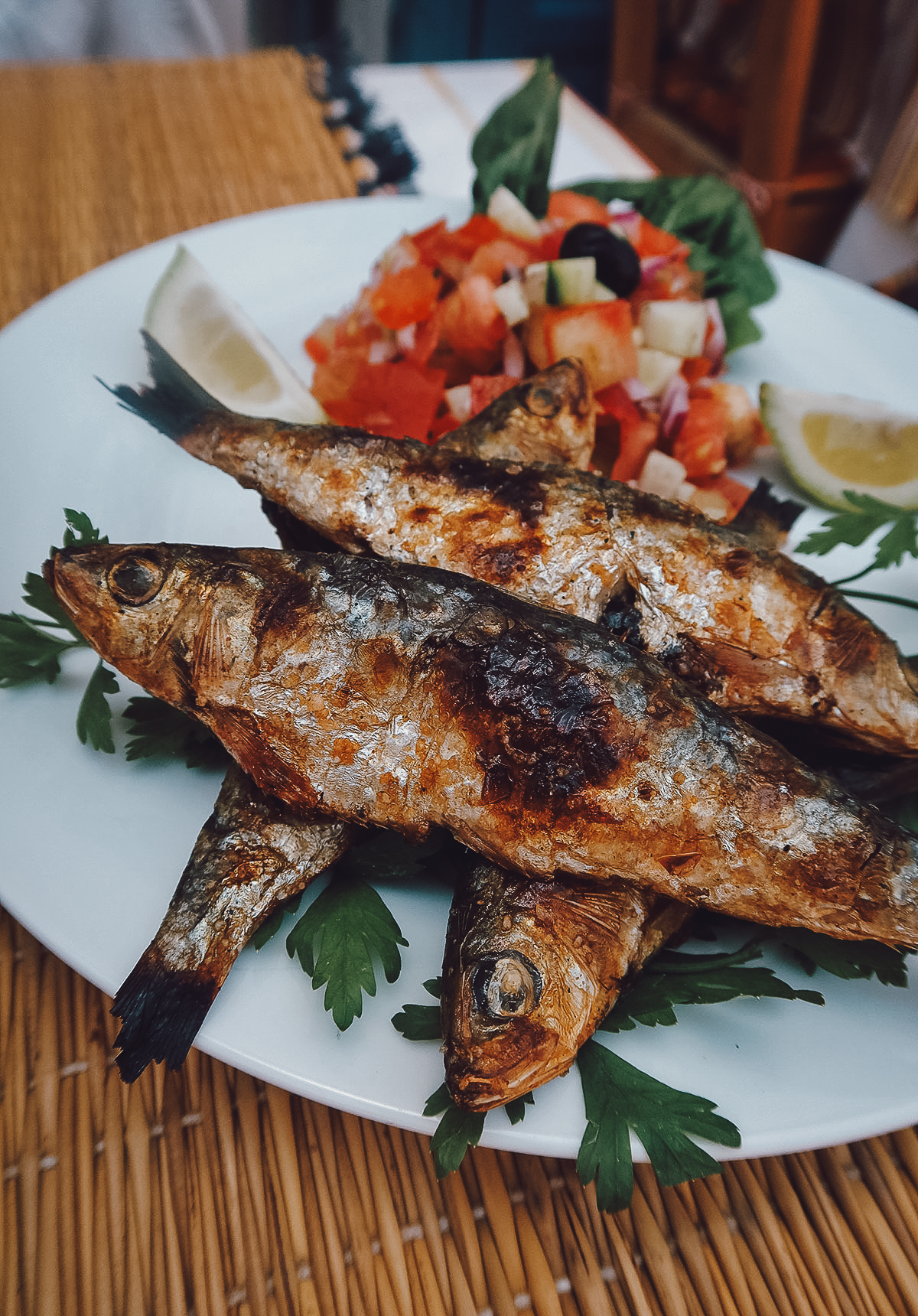 Grilled sardines at a restaurant in Essaouira