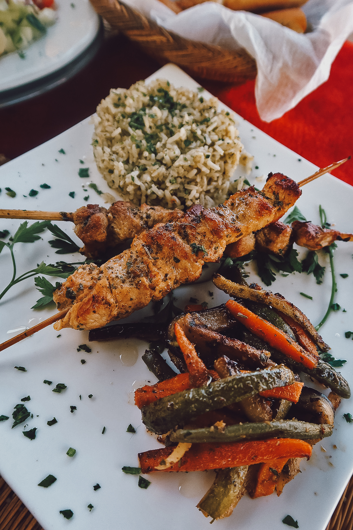 Chicken brochette at a restaurant in Essaouira