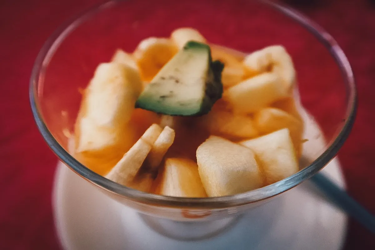 Fruit salad at a restaurant in Essaouira