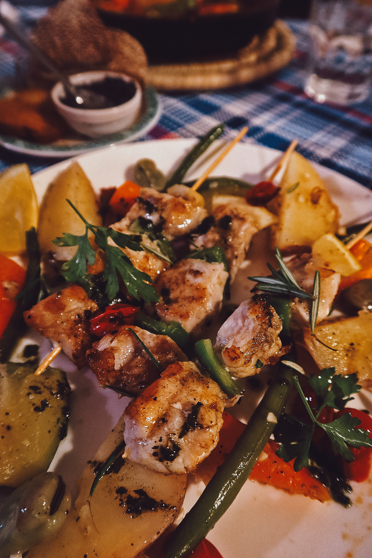 Monkfish brochette at a restaurant in Essaouira