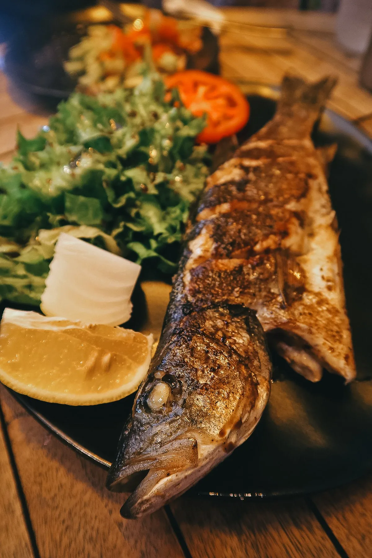 Grilled seabass at a fish restaurant in Istanbul
