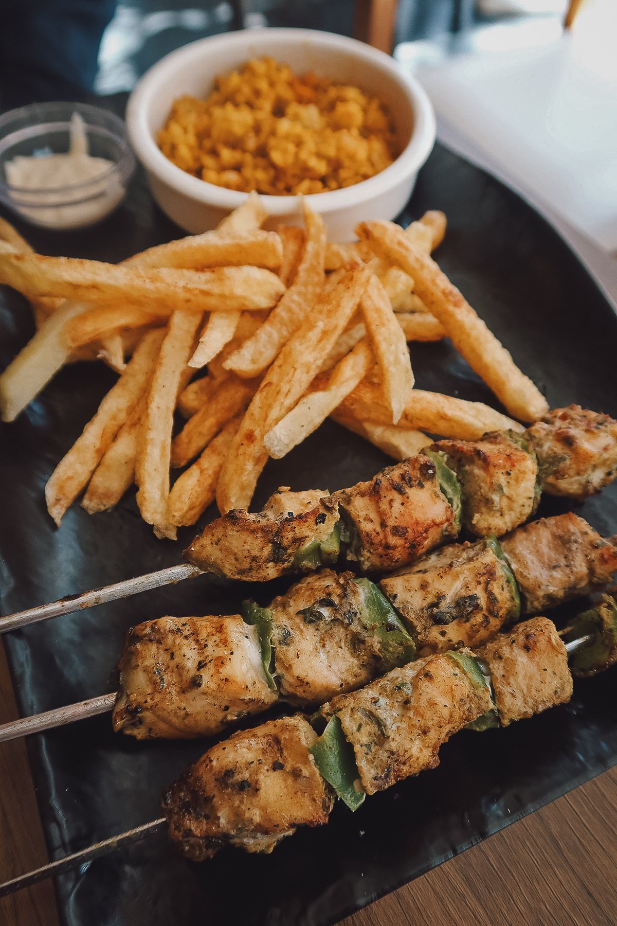 Chicken brochette at a restaurant in Rabat
