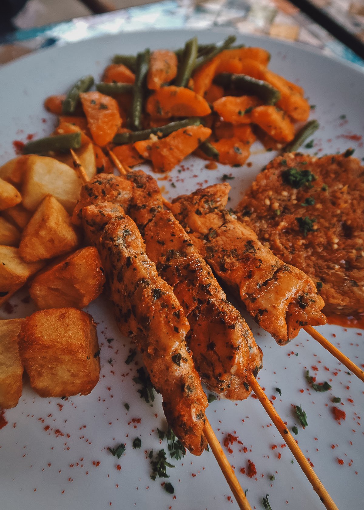 Chicken brochette at a restaurant in Rabat