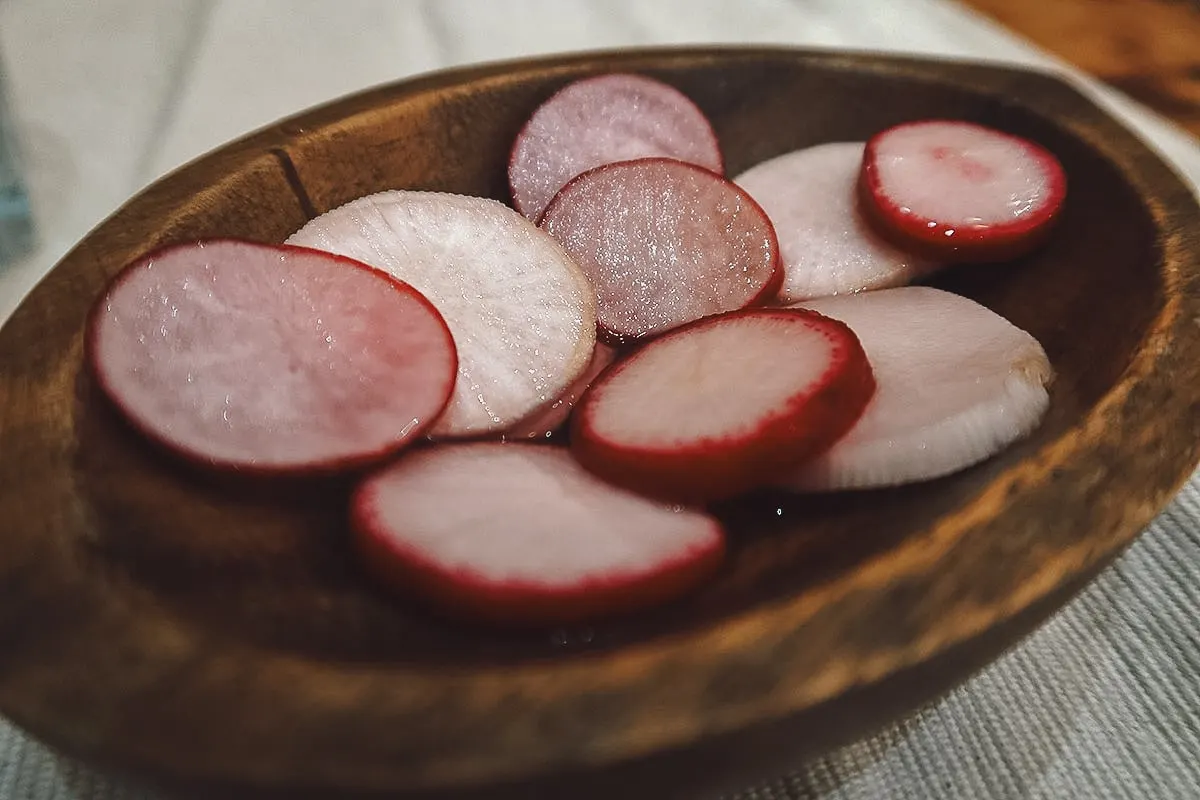 Pickled radishes at a restaurant in Rabat