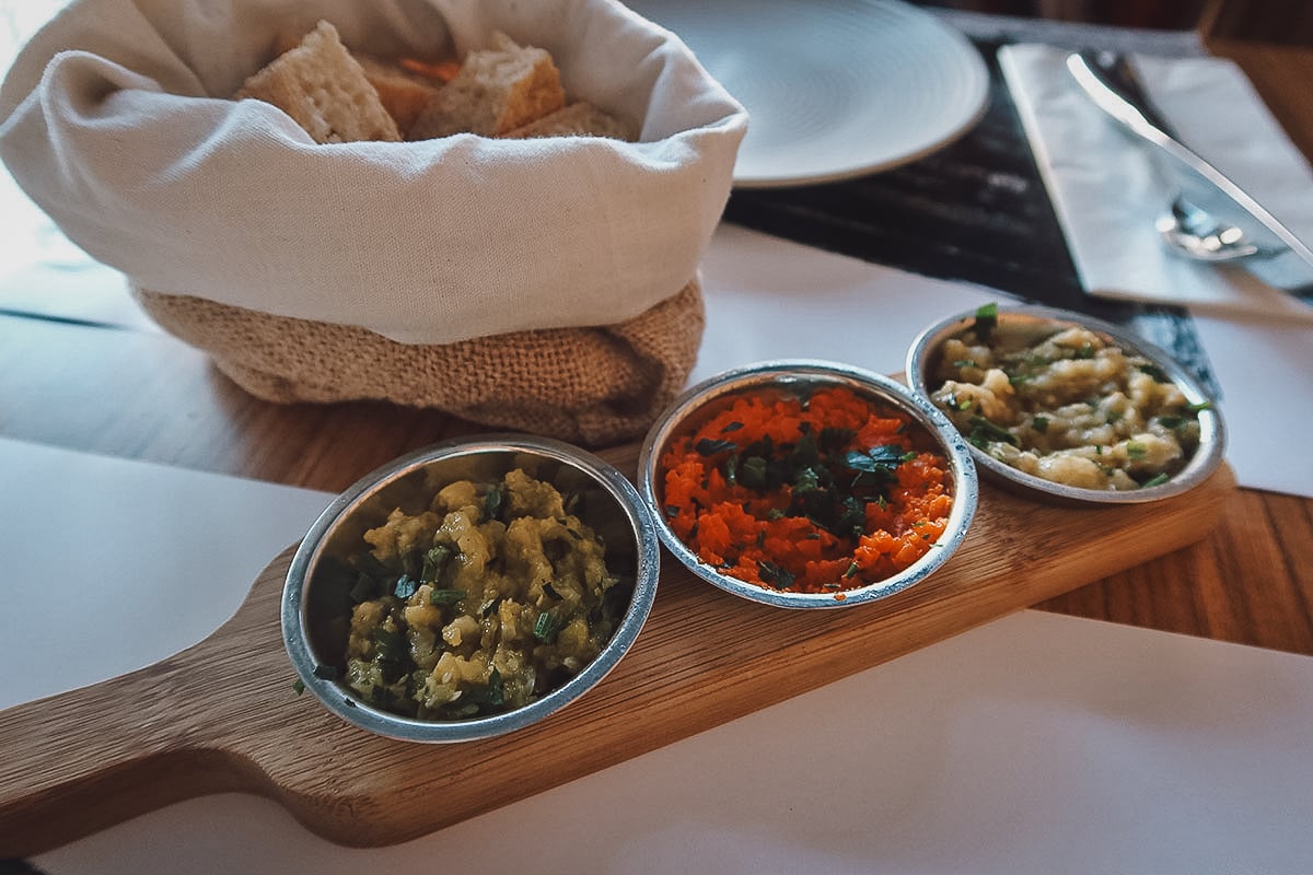 Appetizers and bread at a restaurant in Rabat