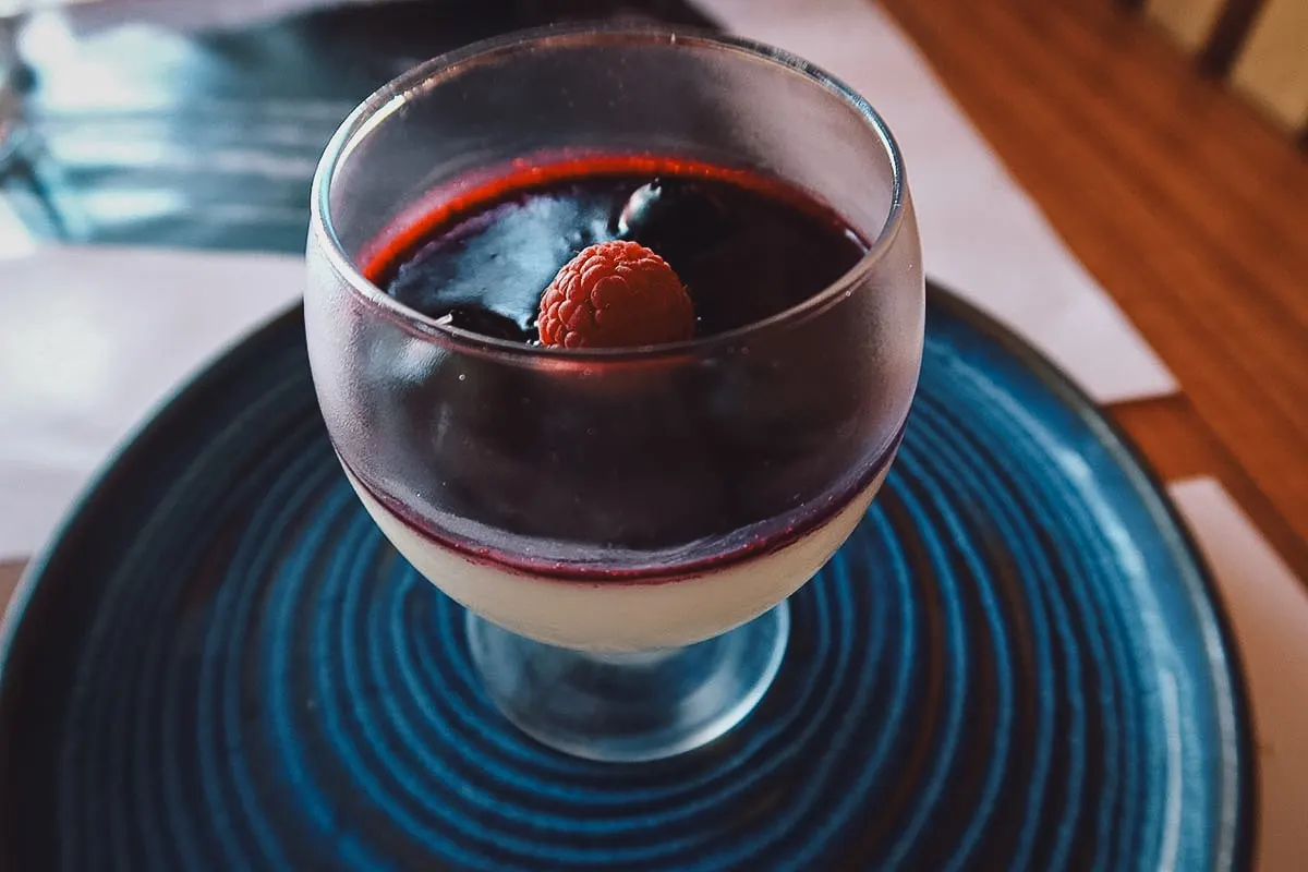 Raspberry panna cotta at a restaurant in Rabat