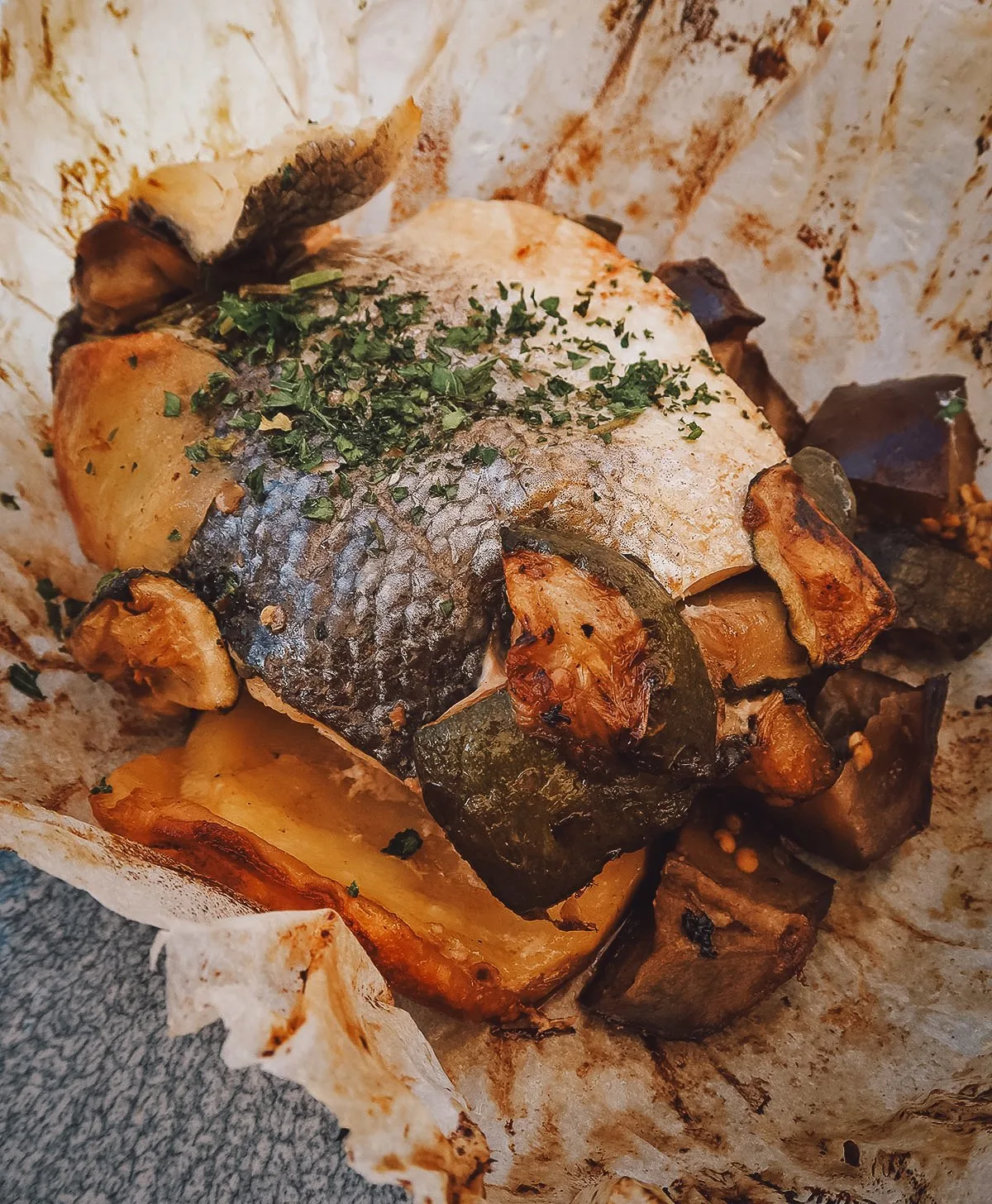 Poached sea bass at a restaurant in Dubrovnik