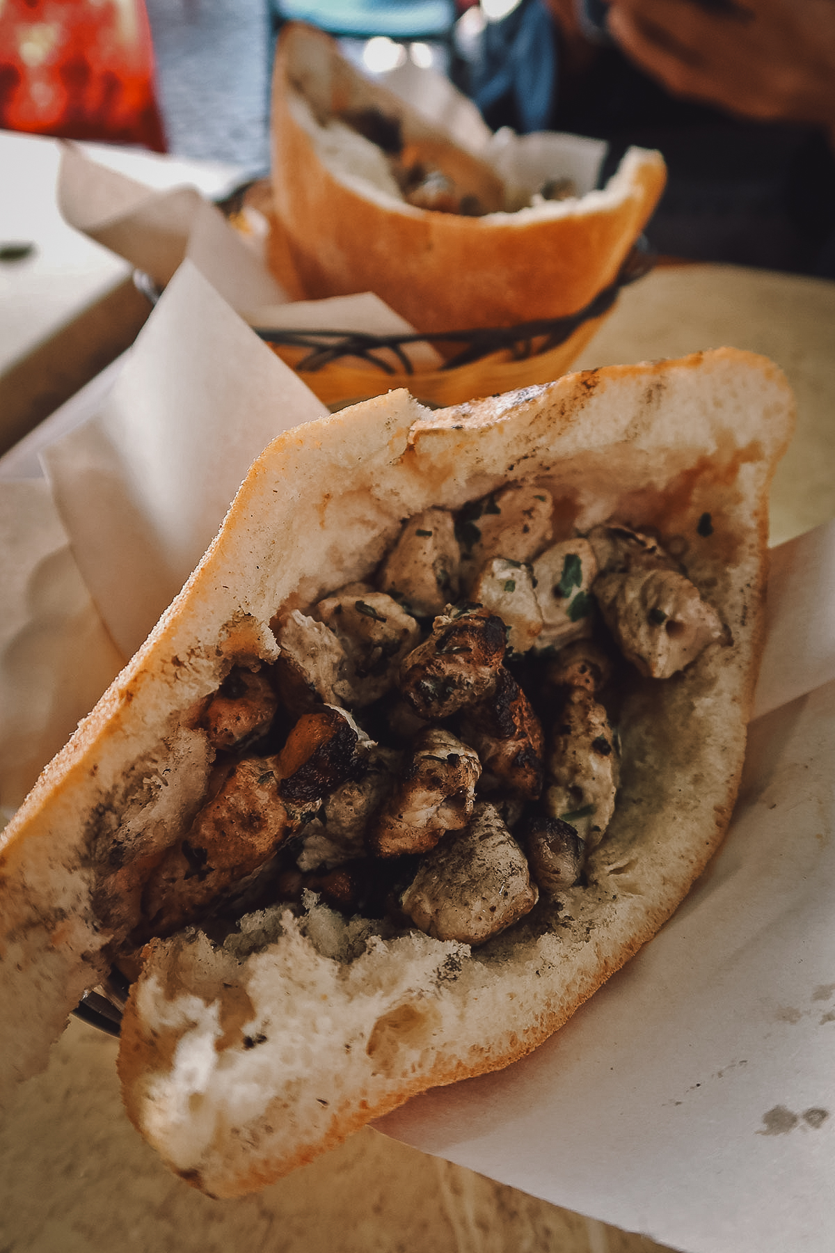 Turkey brochette sandwich at a restaurant in Fez