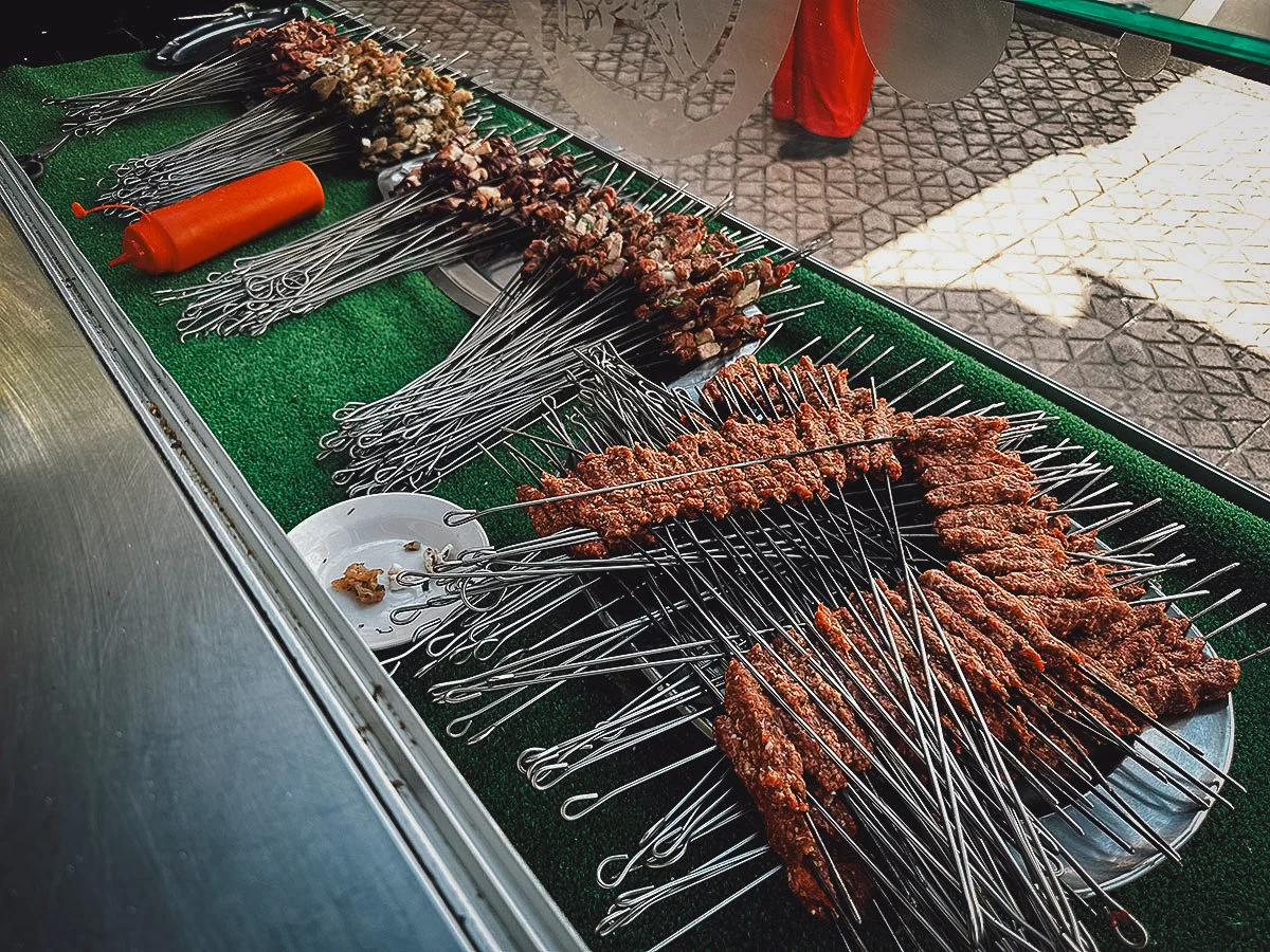 Different types of brochette at a restaurant in Fez