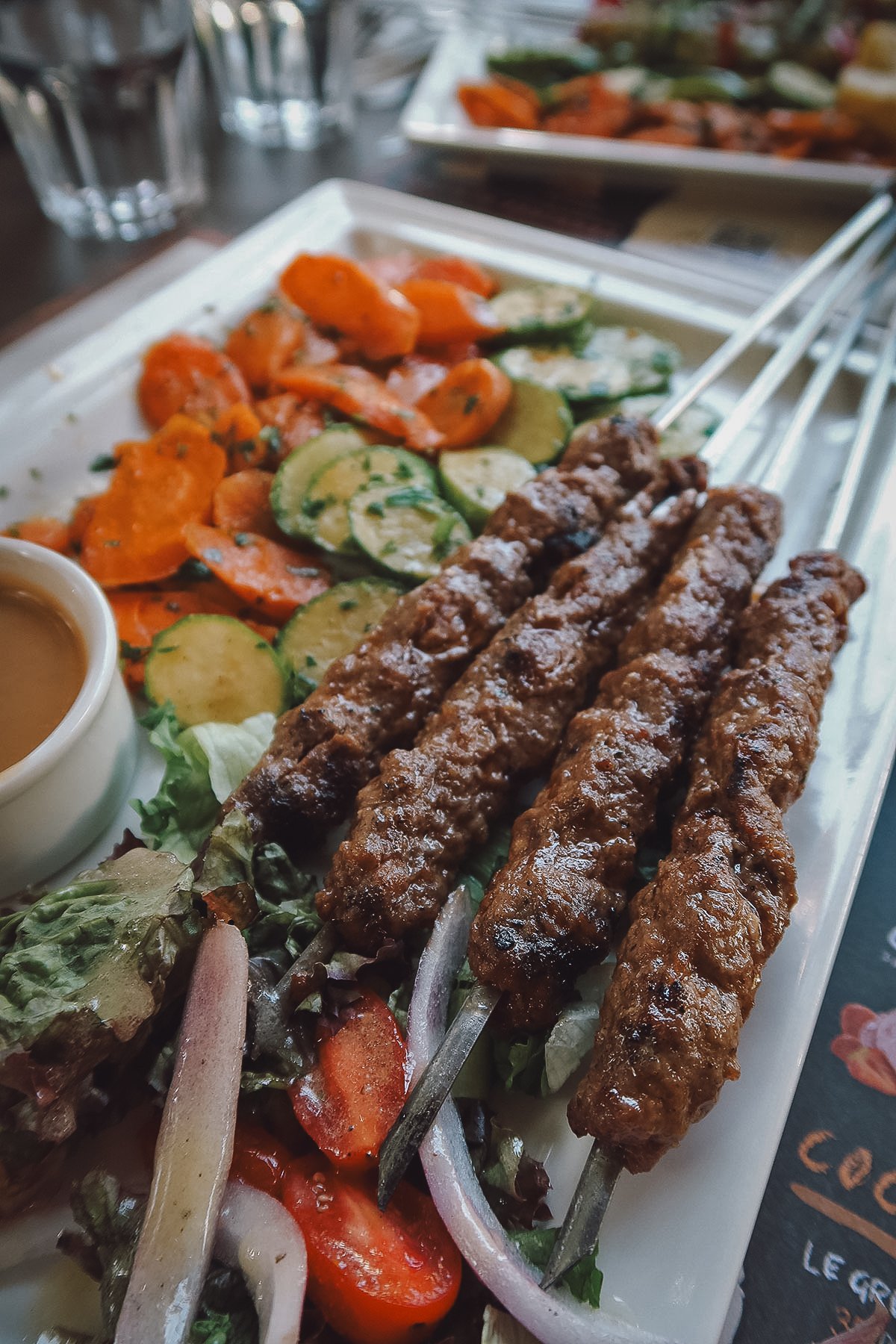 Meat brochette at a restaurant in Fez