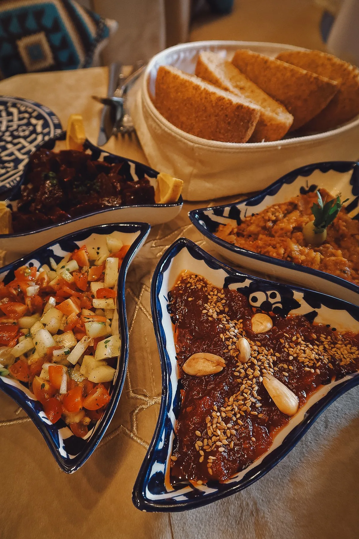 Moroccan appetizers at a restaurant in Fez