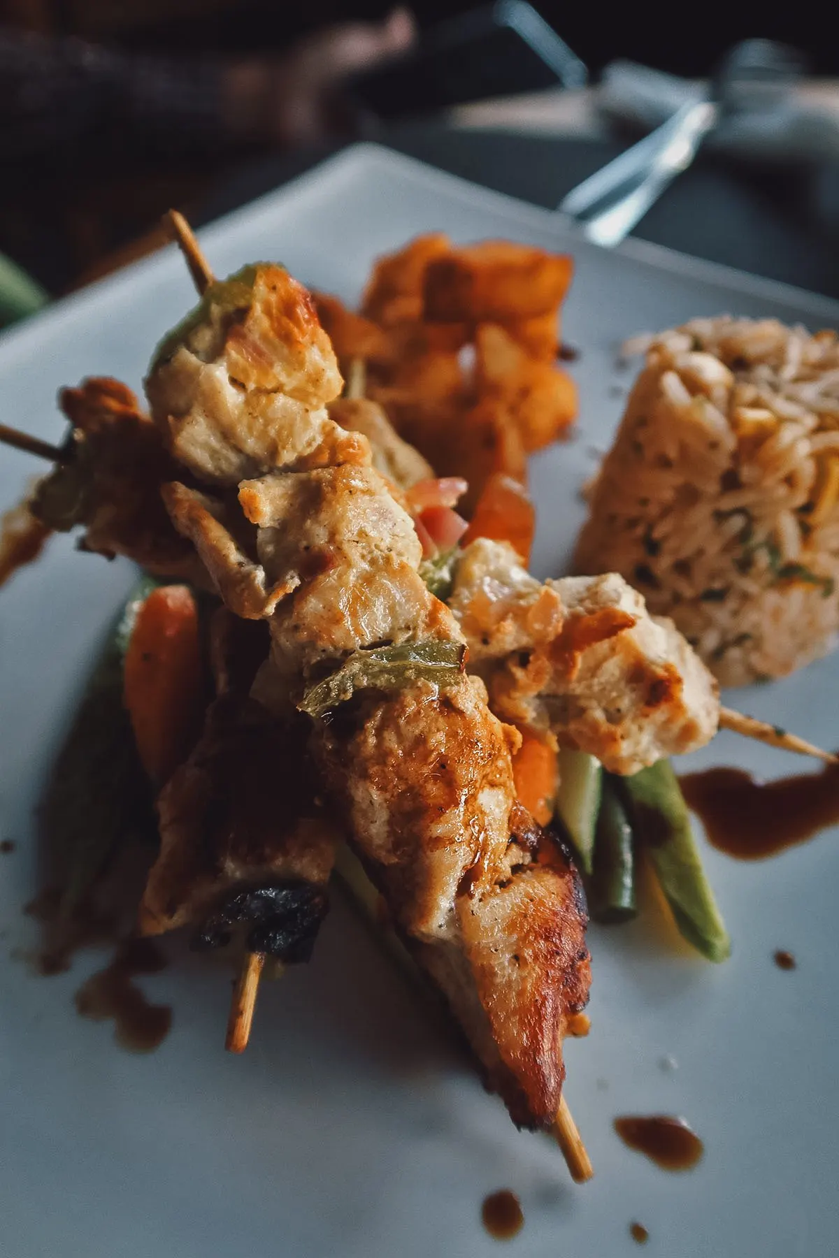 Chicken brochette at a restaurant in Rabat