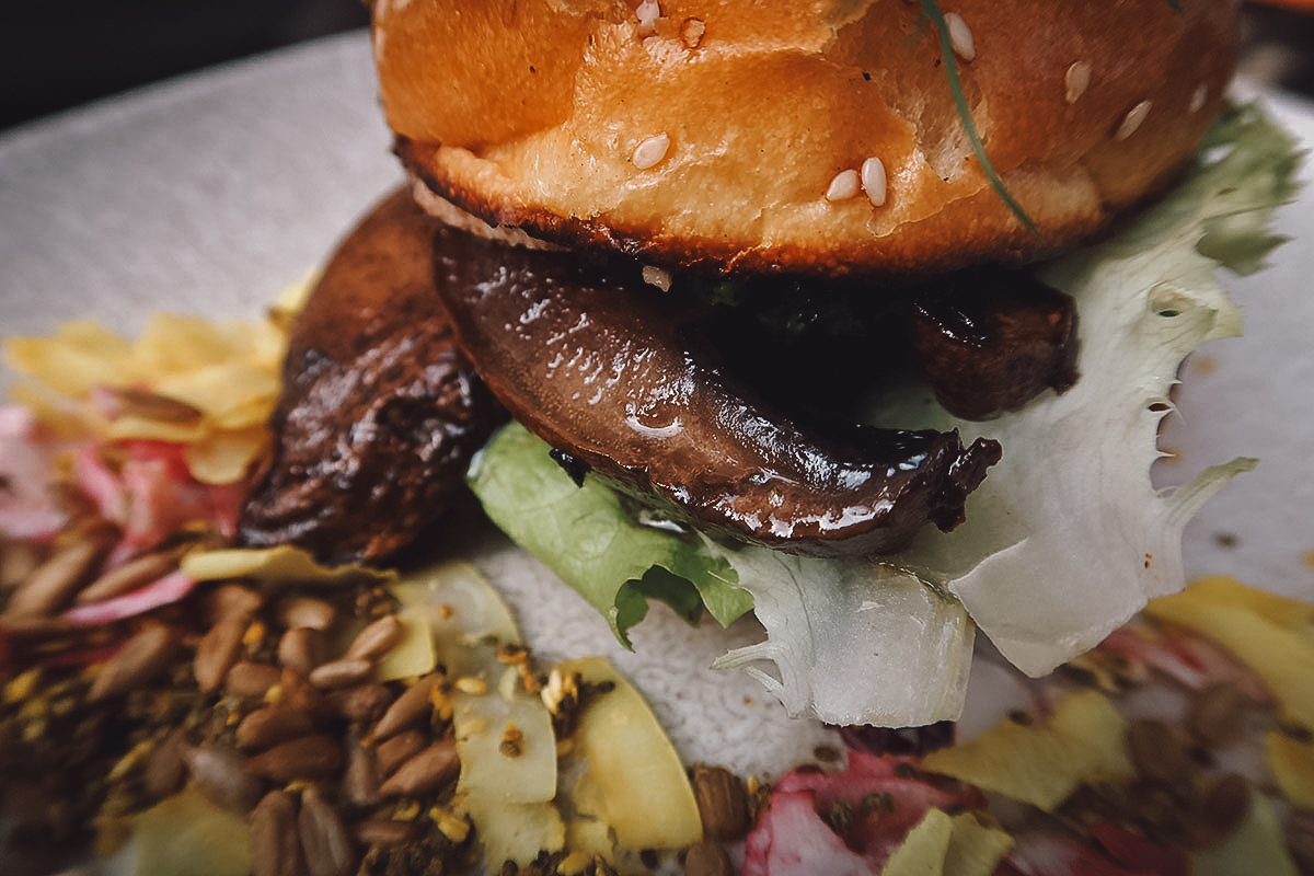 Close-up of the portobello burger