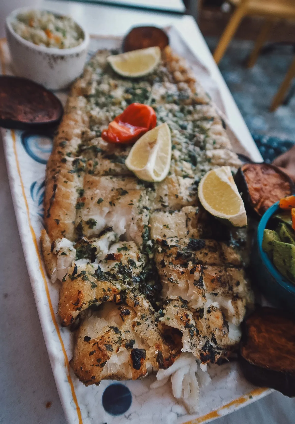 Grilled white fish at a restaurant in Marrakech