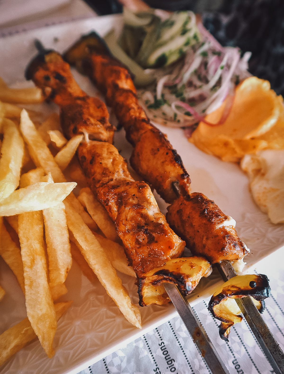 Shish tawook at a restaurant in Marrakech