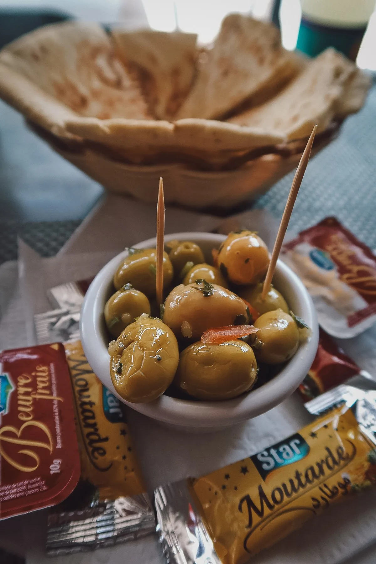 Olives and bread at a restaurant in Marrakech
