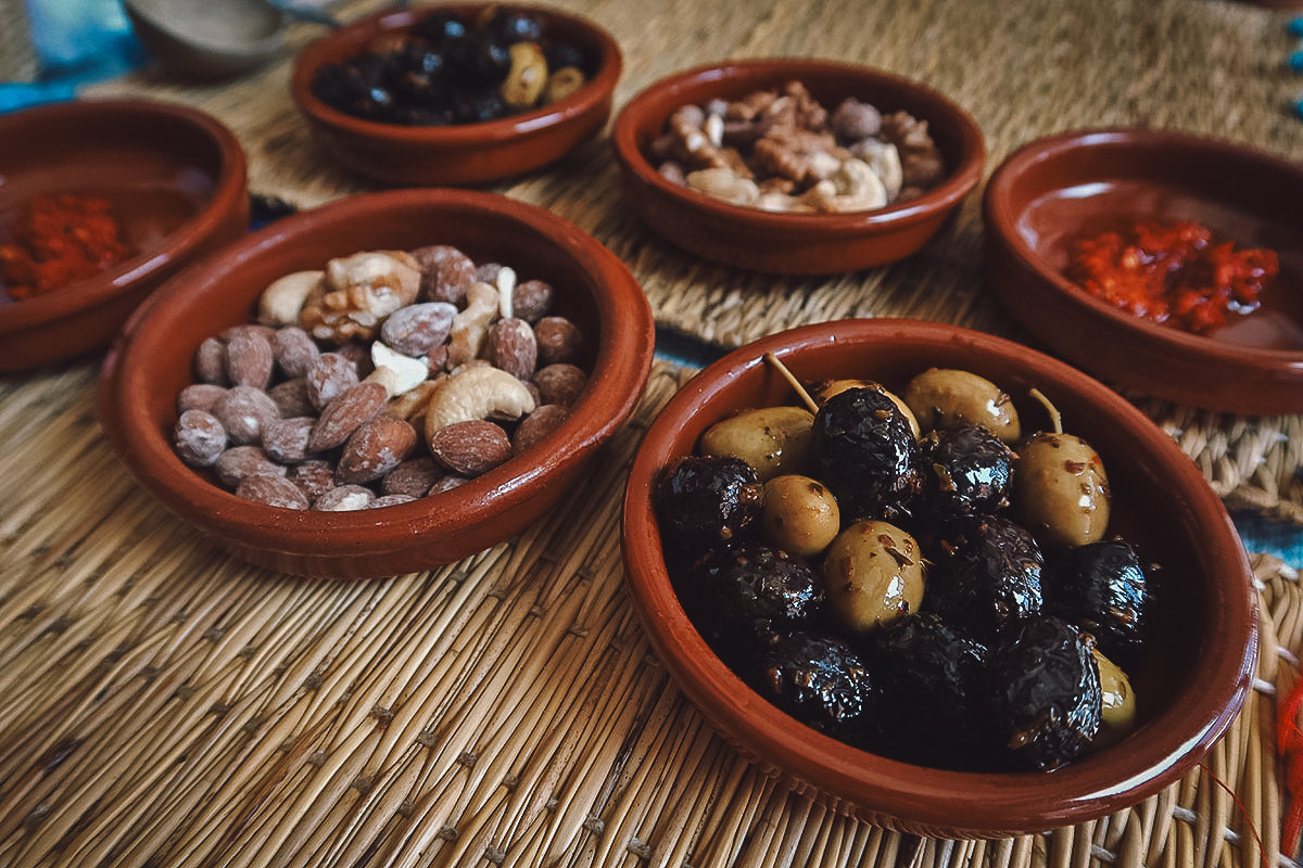 Olives and nuts at a restaurant in Marrakech
