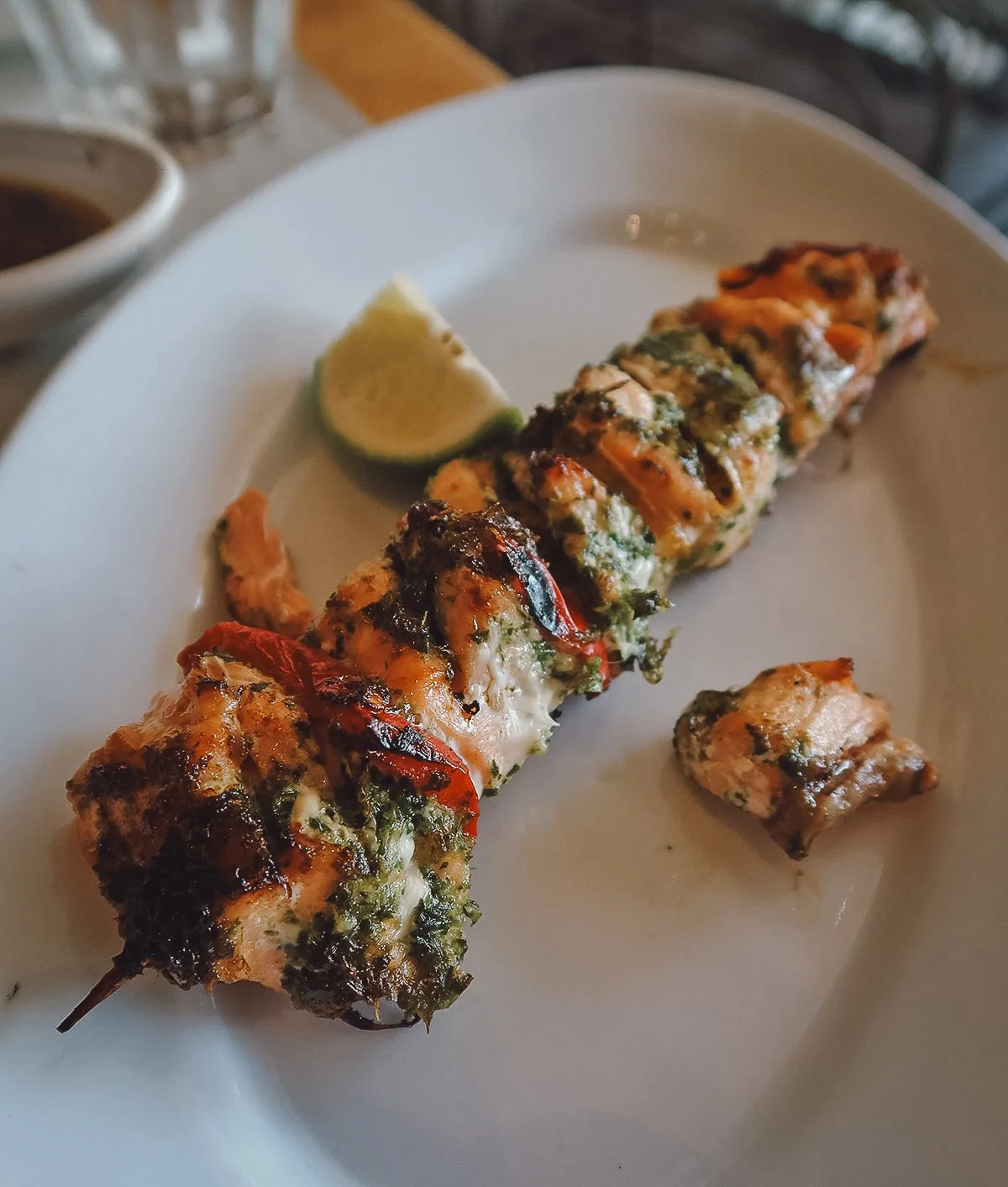 Fish brochette at a restaurant in Marrakech