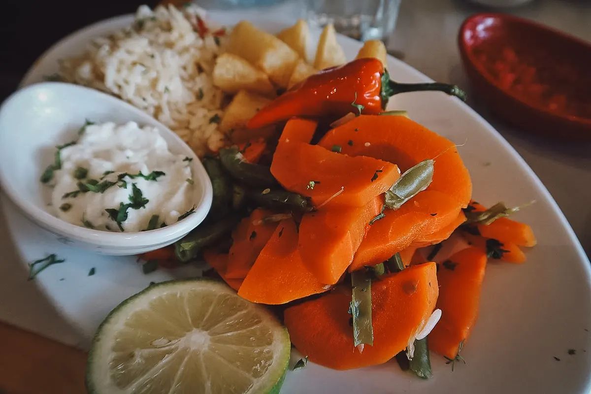 Vegetables and rice at a restaurant in Marrakech