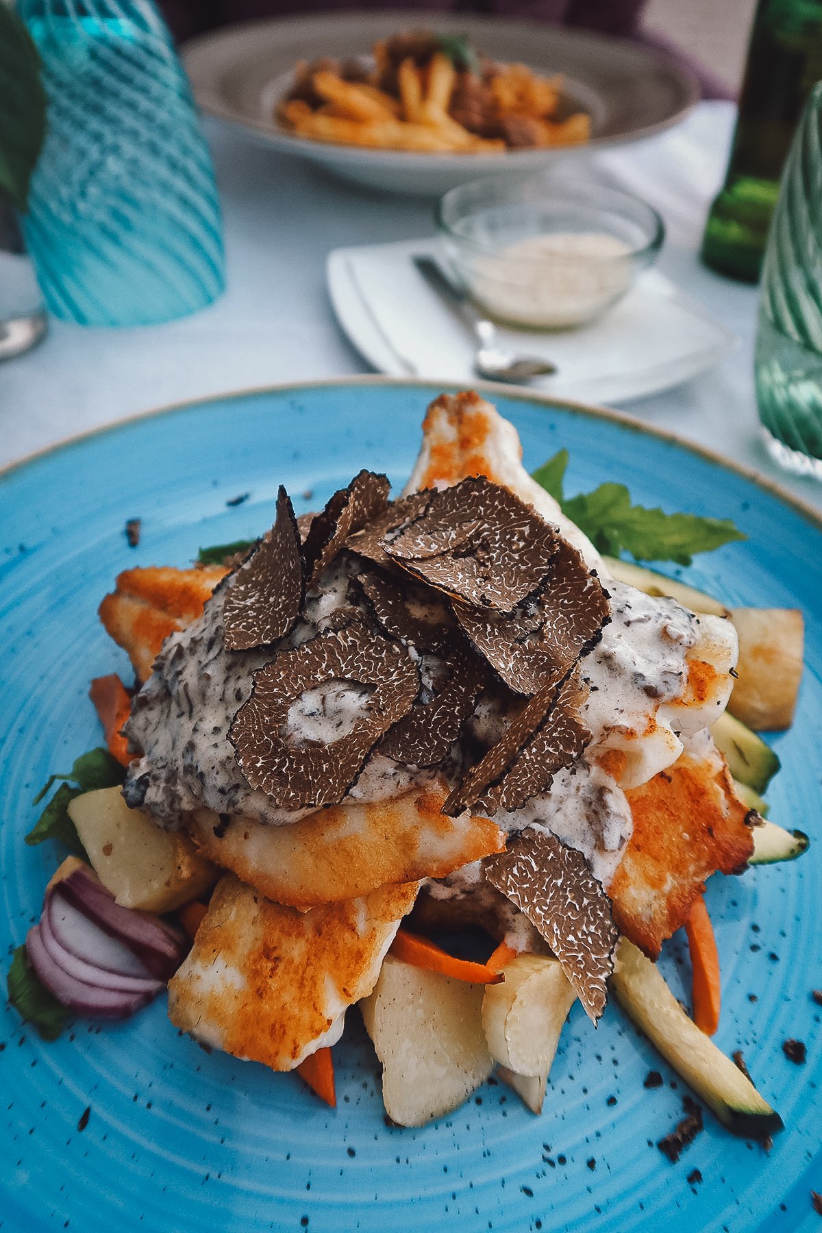Fish with truffle dish at a restaurant in Rovinj