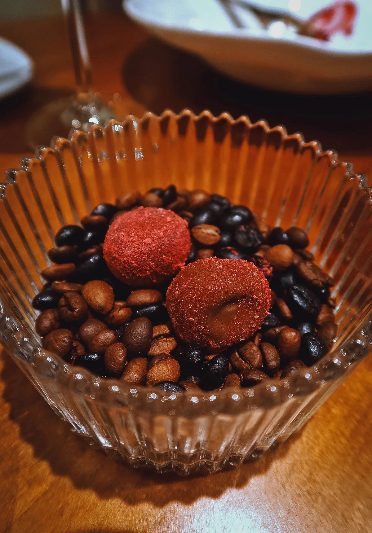 Raspberry chocolate dessert at a restaurant in Malaga