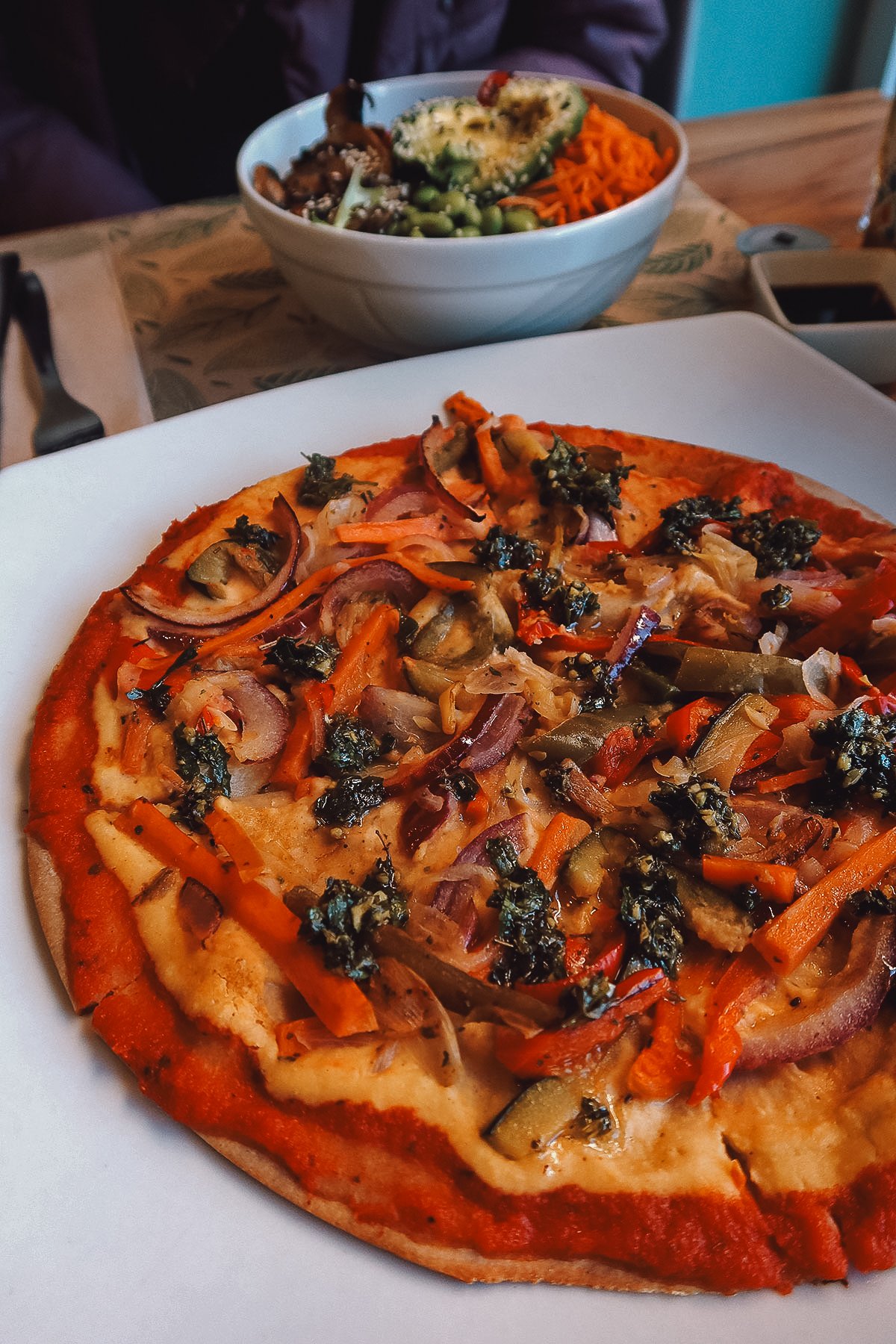 Vegan pizza at a restaurant in Malaga