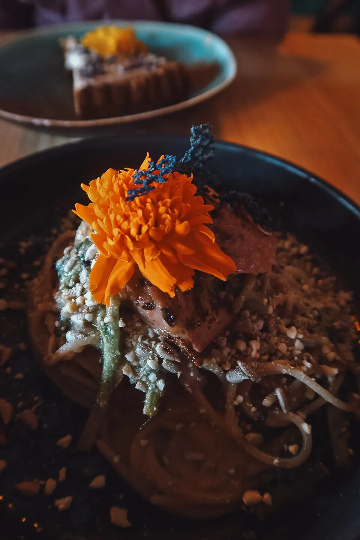 Vegan pasta dish at a restaurant in Malaga