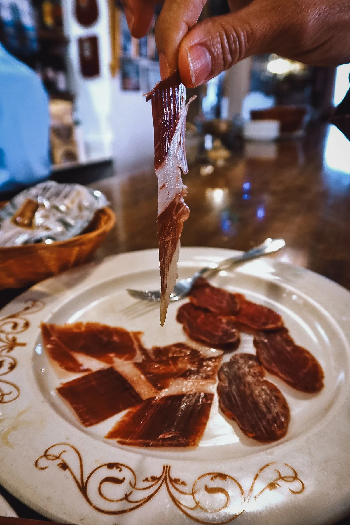 Thin slice of jamon at a restaurant in Seville