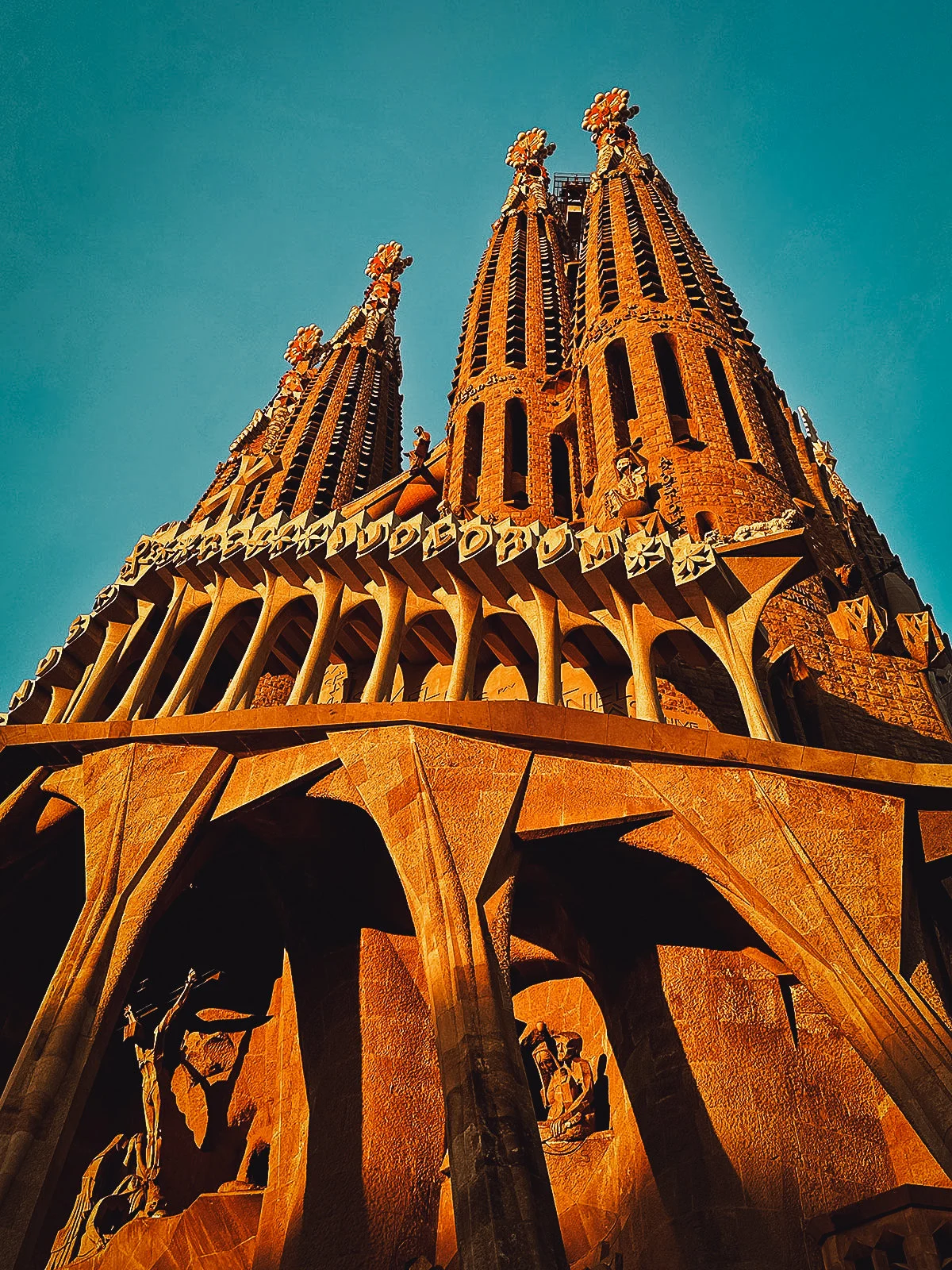 Church facade at sunset