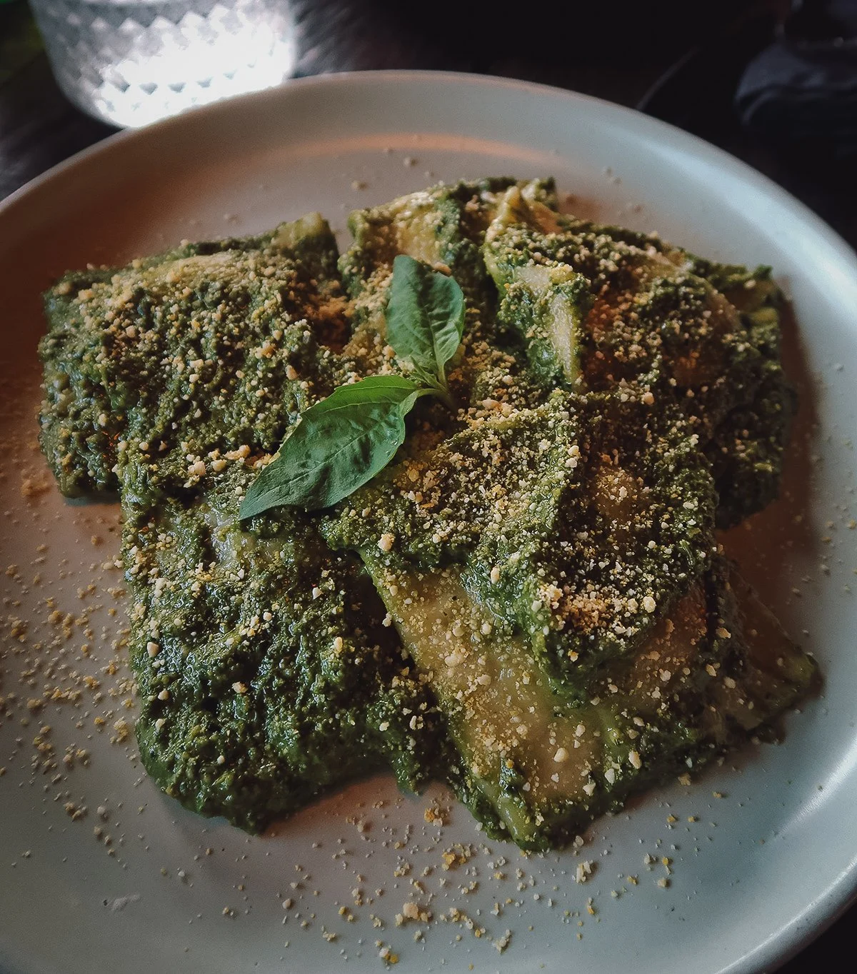 Pesto ravioli at a restaurant in Canggu