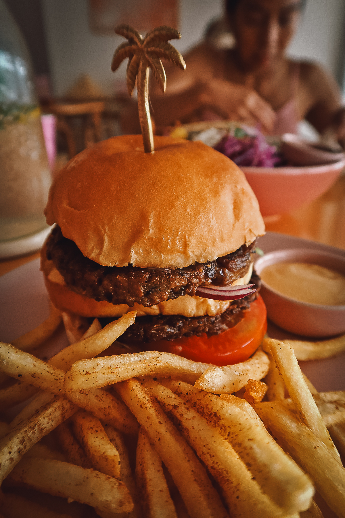 Vegan burger at a restaurant in Canggu