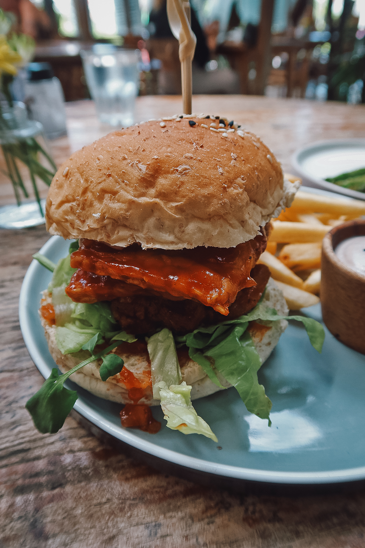 Tempeh burger at a restaurant in Canggu