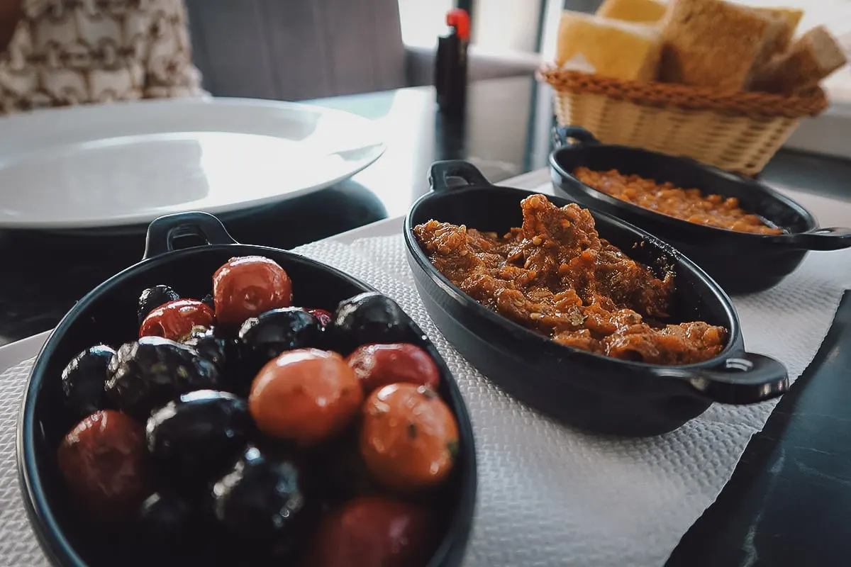 Moroccan appetizers at a restaurant in Tangier