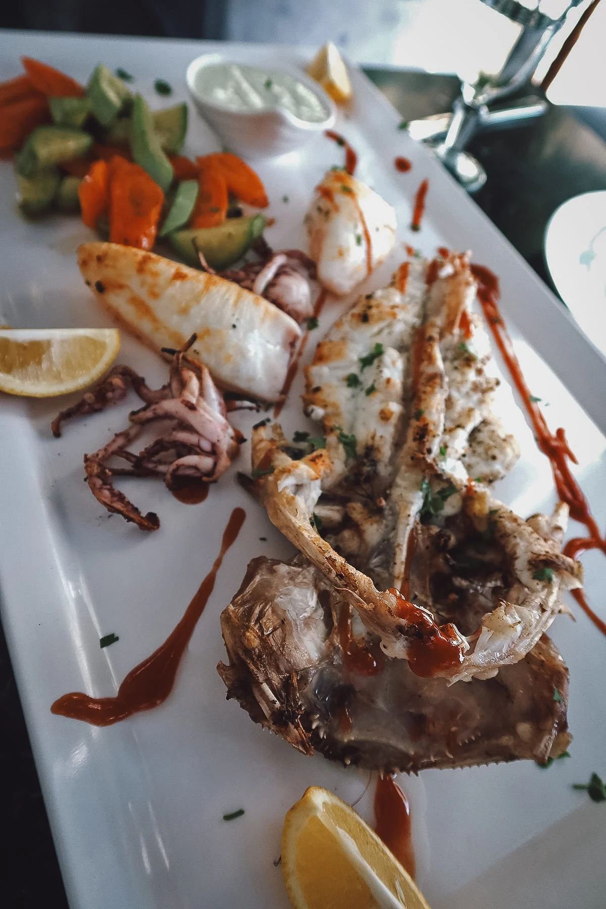 Grilled seafood platter at a restaurant in Tangier
