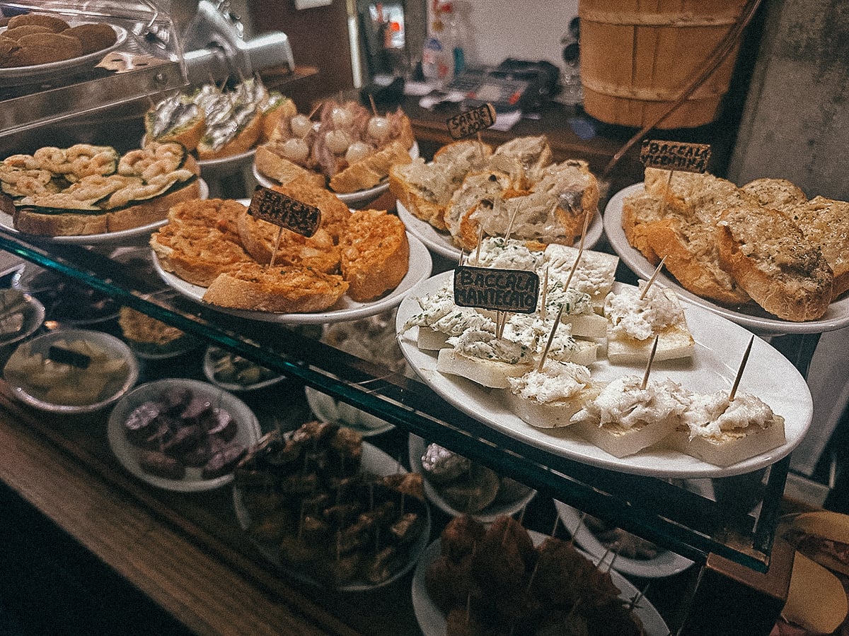 Cicchetti display at a restaurant in Venice