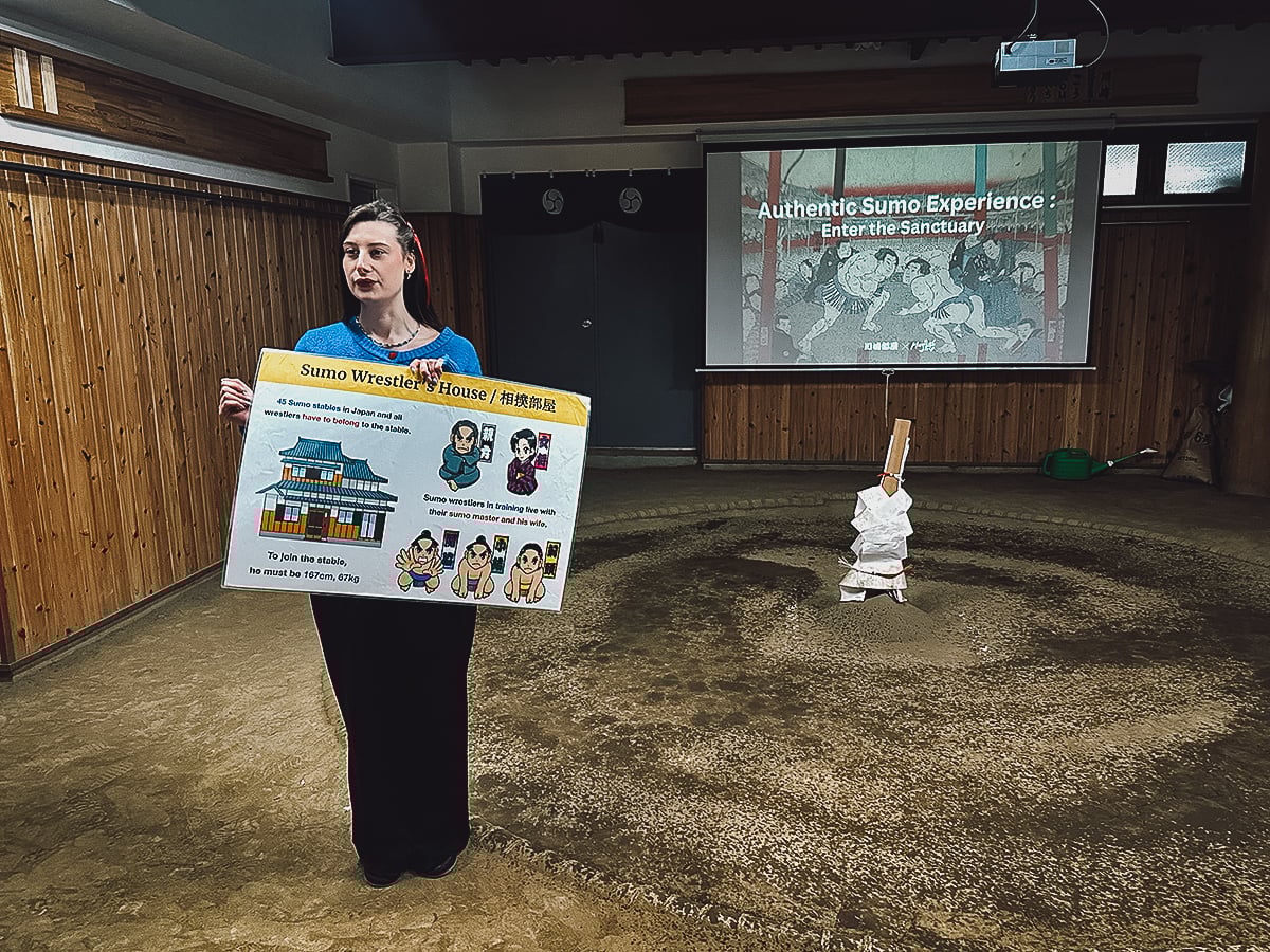 Sumo Experience in Tokyo Guide giving a brief explanation of Sumo