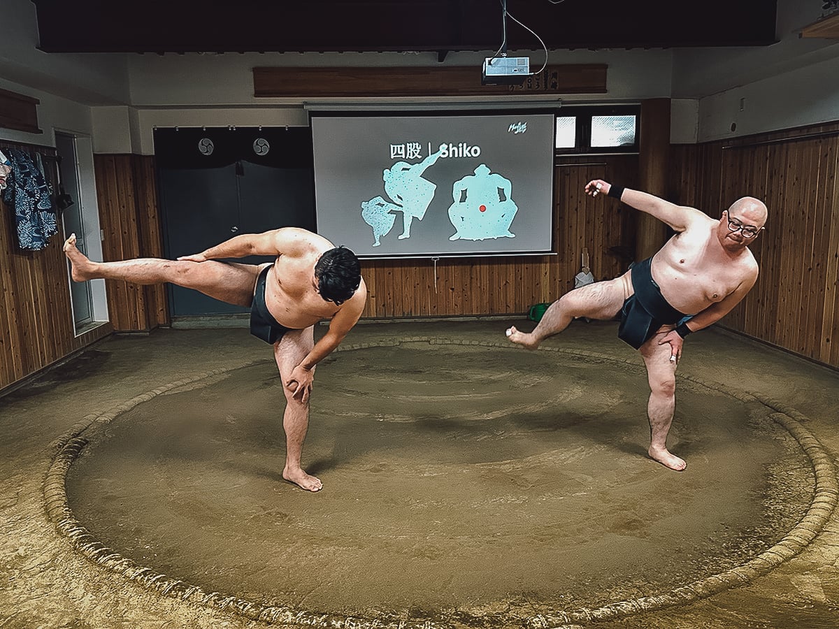 Sumo Experience in Tokyo Retired Sumo wrestlers performing shiko