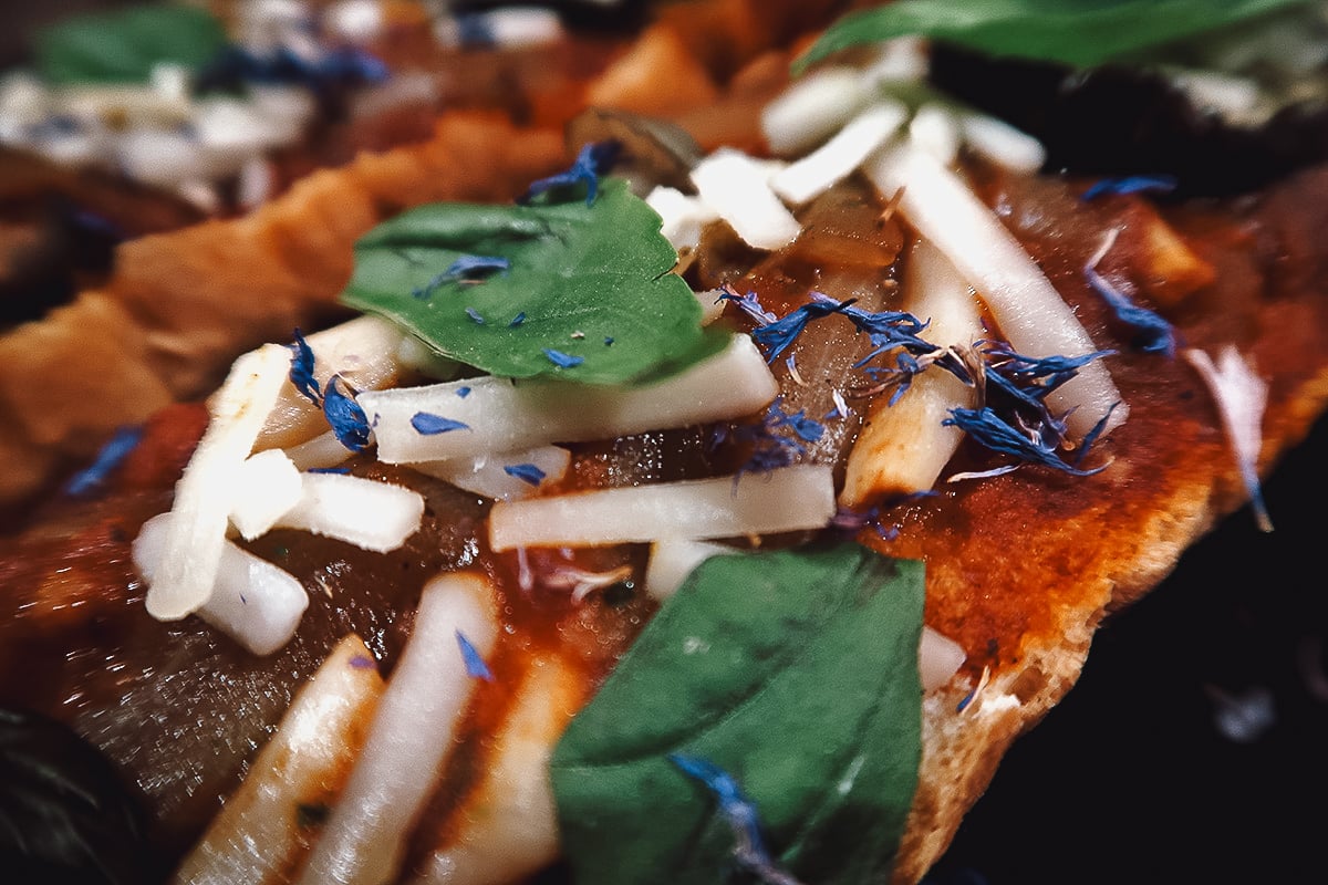 Vegan Restaurants in Tokyo, Japan Close-up of vegan French bread pizza