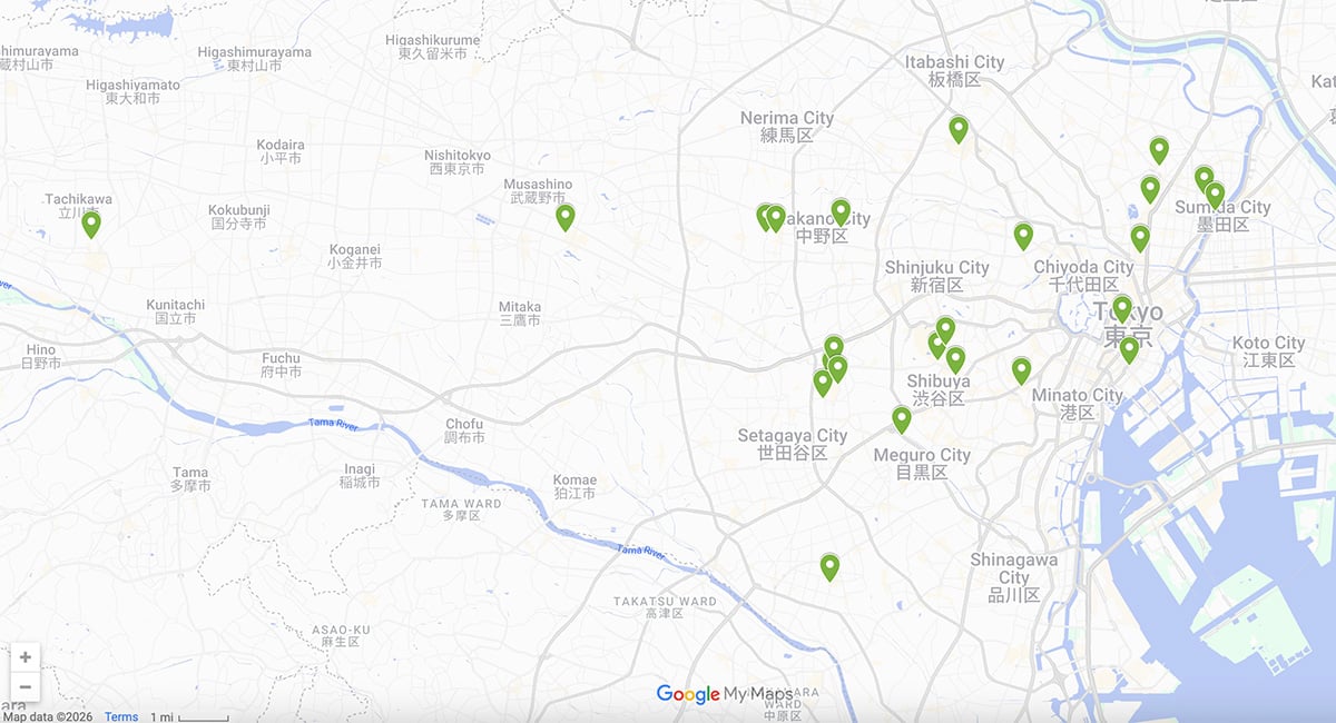 Tokyo Vegan Restaurants Map with pins